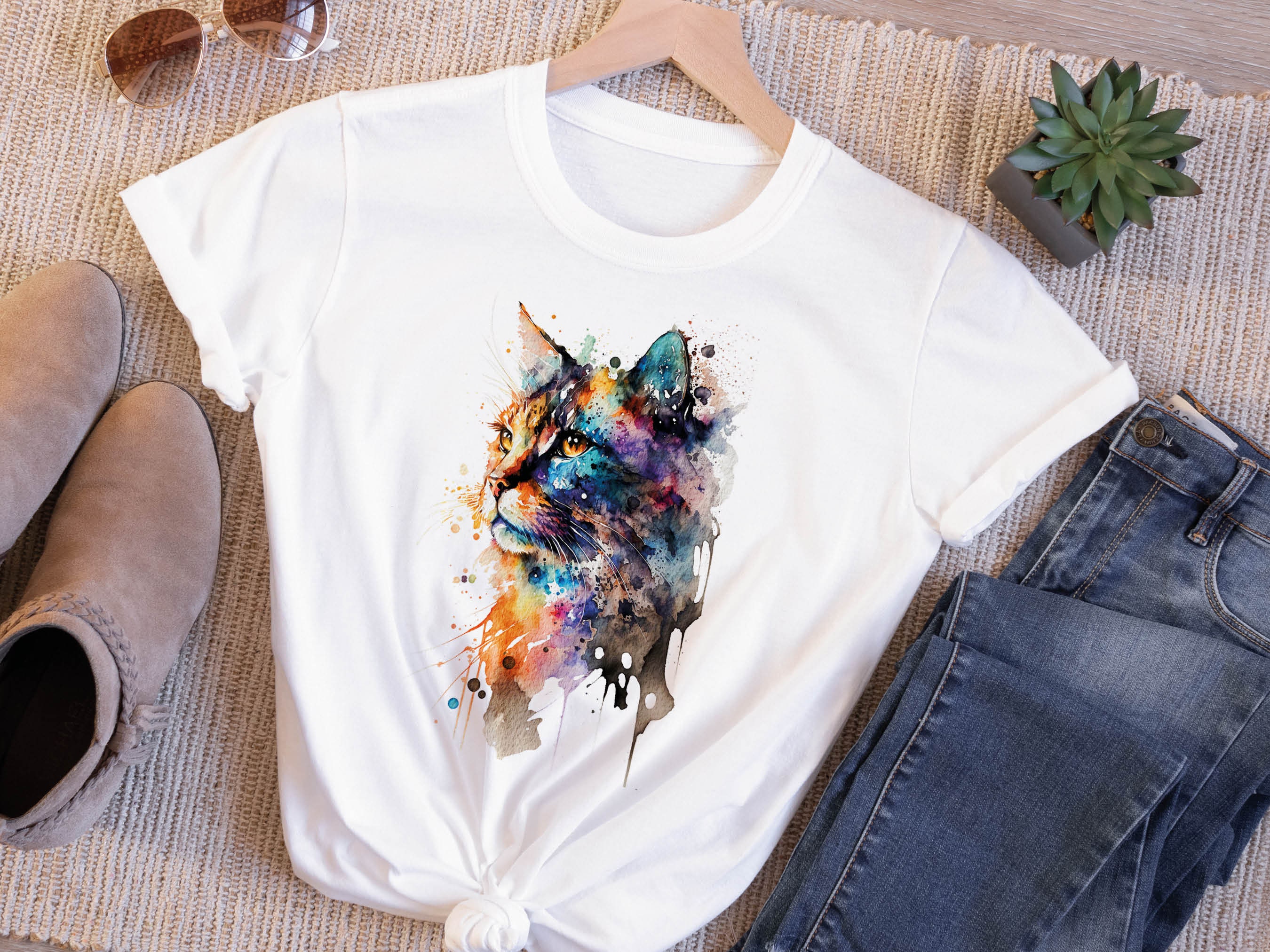 Watercolour Abstract Cat T-Shirt Whimsical Loose Painting Crazy Cat Lady Cats Lovers Gift Rainbow Colourful Art Artists Tee Softstyle Shirt - View 7