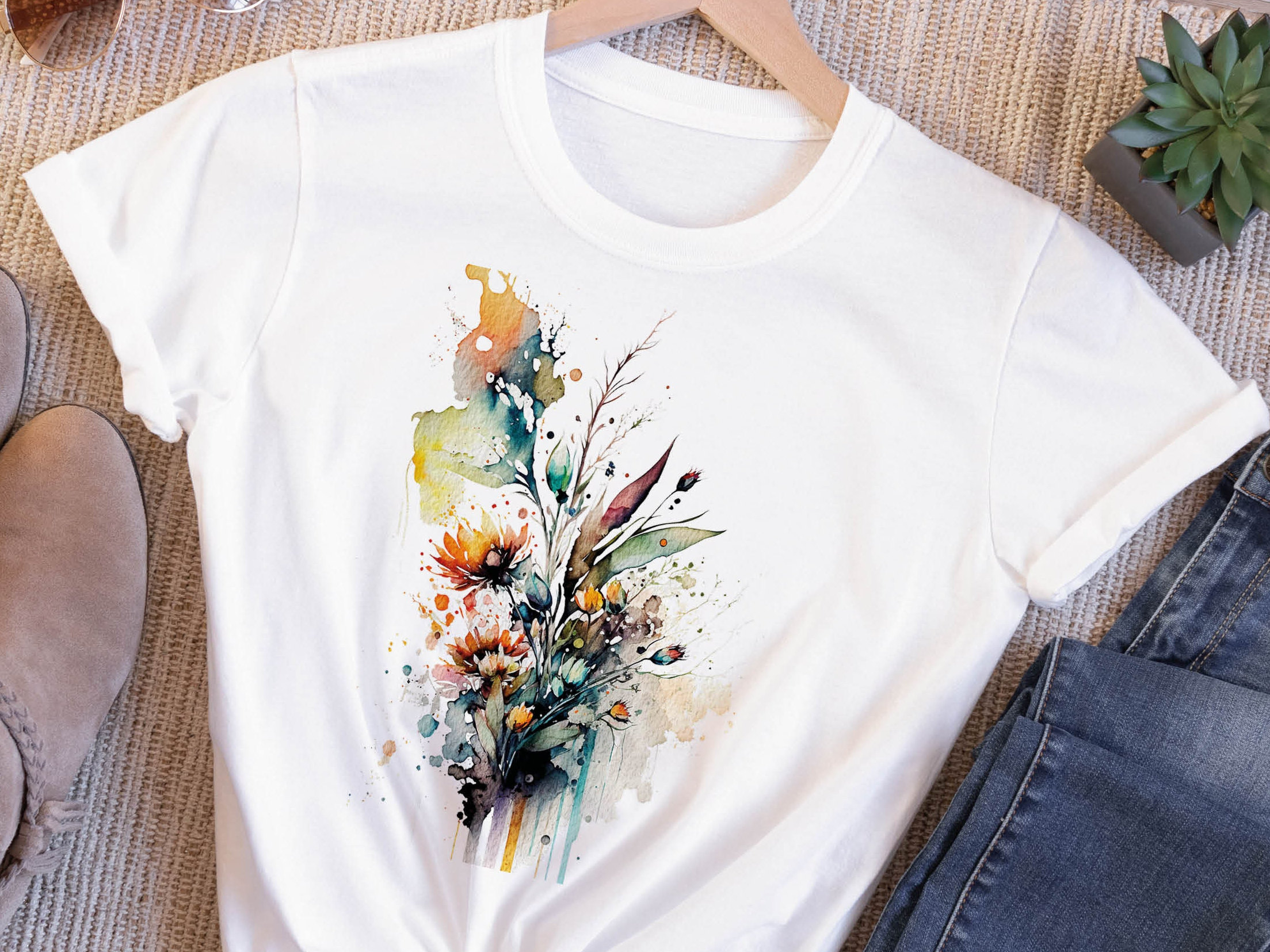 Watercolour Wildflowers T-Shirt Beautiful Loose Abstract Painting Messy Floral Design Flowers Leaves Leaf Feminine Tee Shirt for Her Women