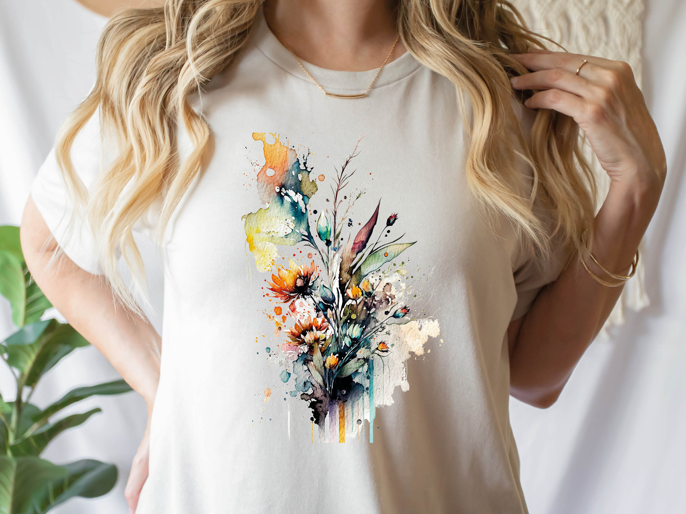 Watercolour Wildflowers T-Shirt Beautiful Loose Abstract Painting Messy Floral Design Flowers Leaves Leaf Feminine Tee Shirt for Her Women - View 3