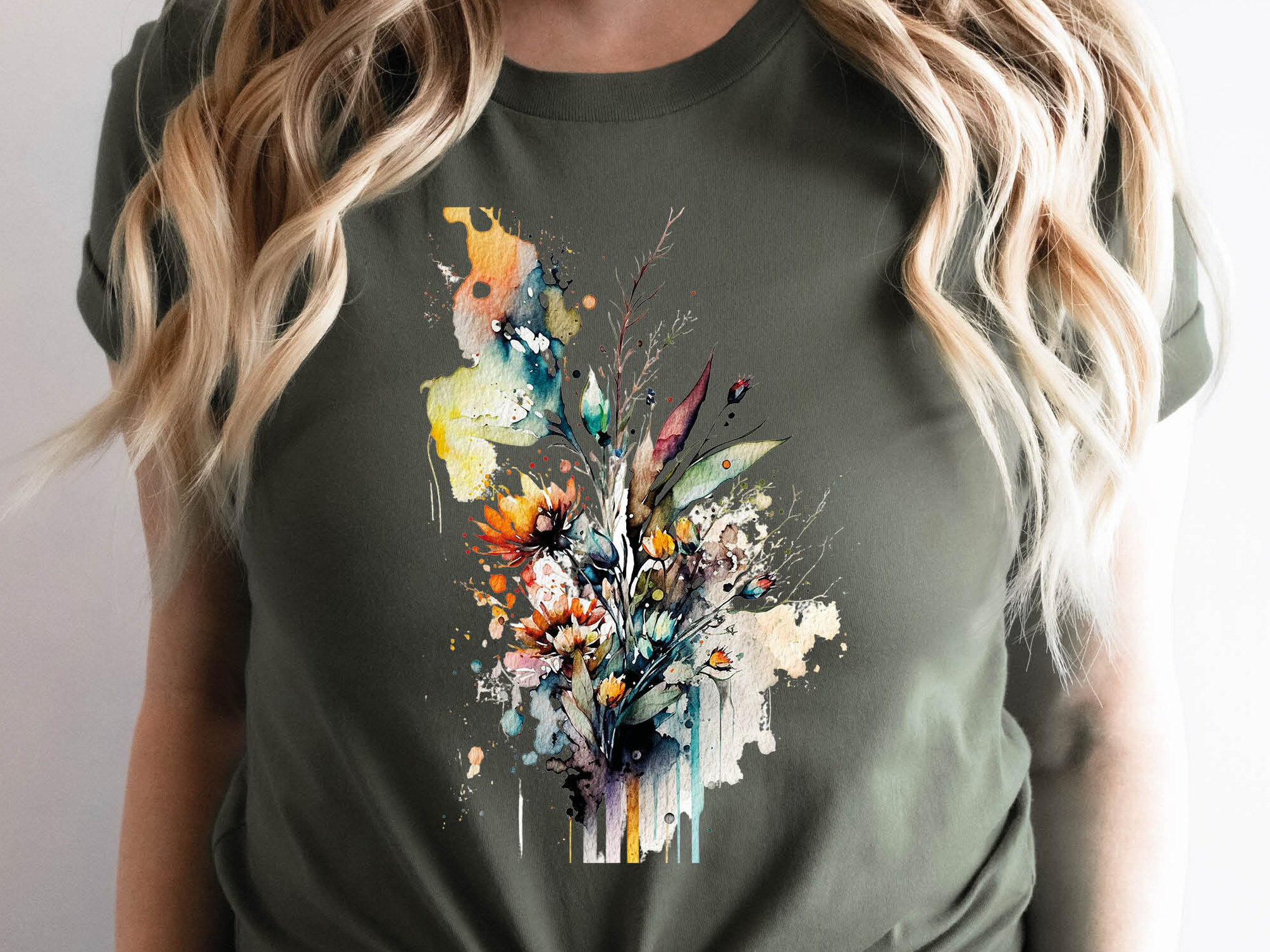 Watercolour Wildflowers T-Shirt Beautiful Loose Abstract Painting Messy Floral Design Flowers Leaves Leaf Feminine Tee Shirt for Her Women - View 2