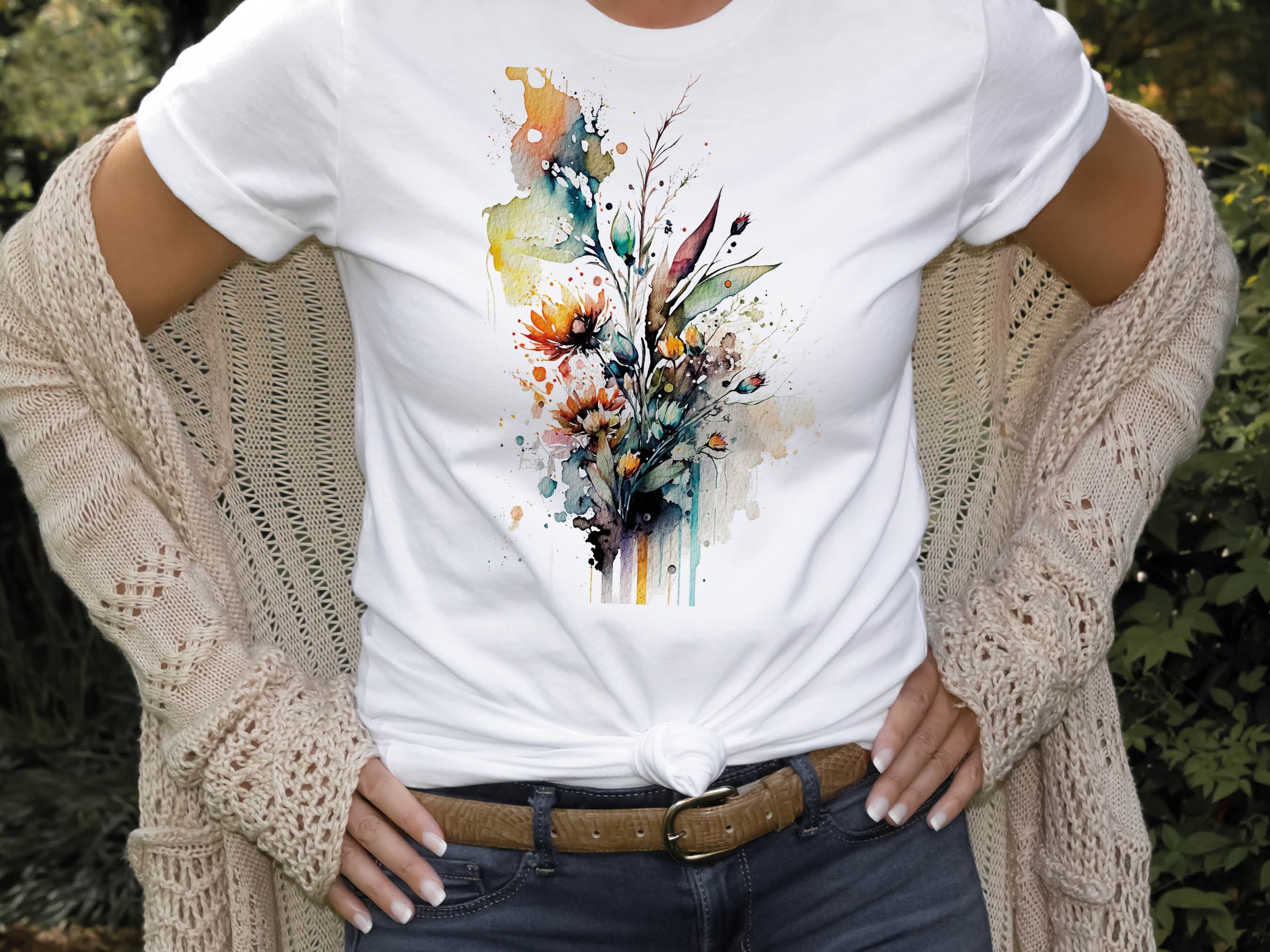 Watercolour Wildflowers T-Shirt Beautiful Loose Abstract Painting Messy Floral Design Flowers Leaves Leaf Feminine Tee Shirt for Her Women - View 4