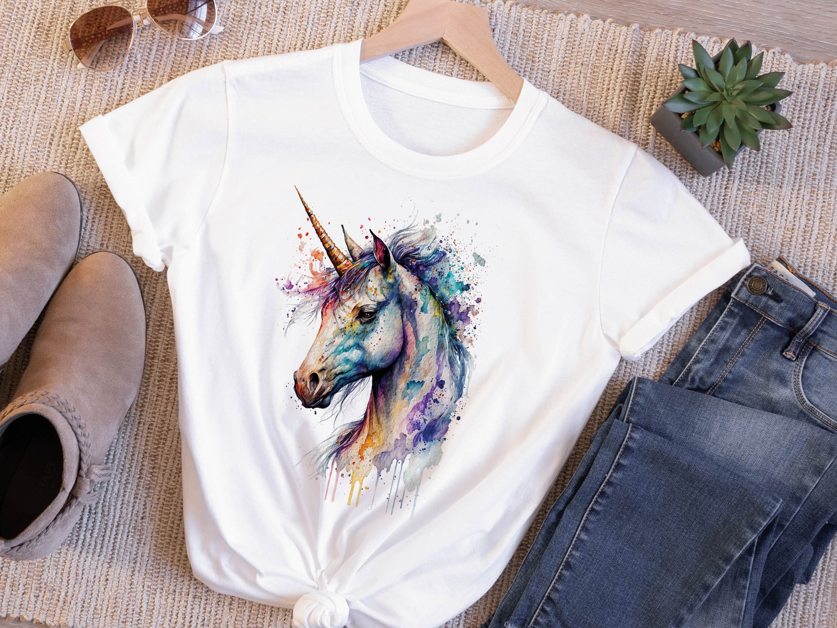 Watercolour Unicorn T-Shirt Mystical Loose Messy Painting Colourful Pastel Rainbow Art Magical Mythical Tee Shirt for Women Gifts for Her - View 6