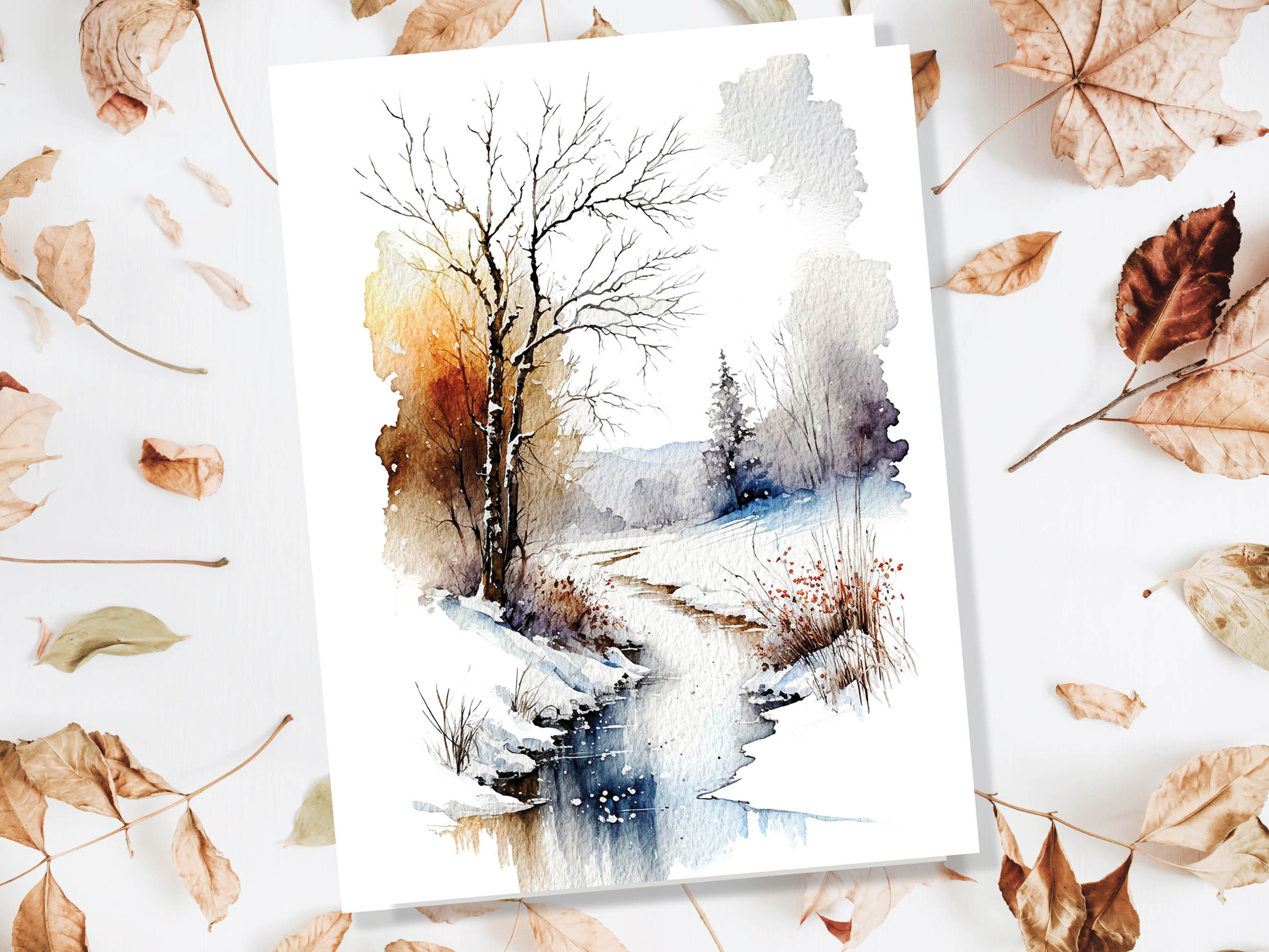 Winter Landscape Card Snowy Icy River Scene Watercolour Painting Ice Snow Scenery Wonderland Art Trees Nature Thank You Blank Greeting Cards - View 4