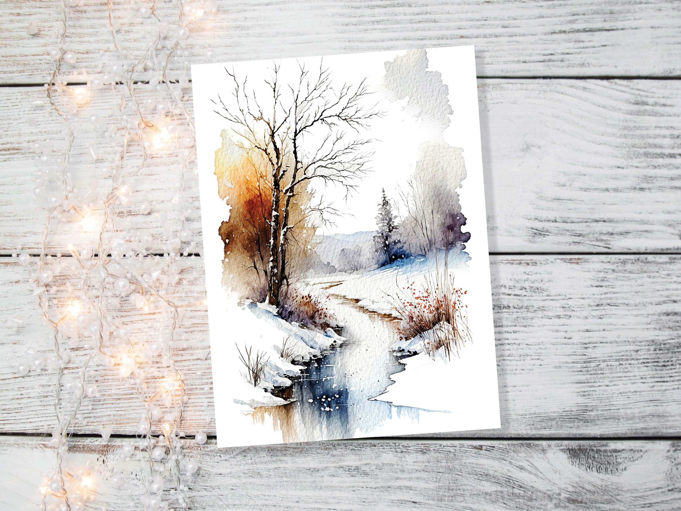 Winter Landscape Card Snowy Icy River Scene Watercolour Painting Ice Snow Scenery Wonderland Art Trees Nature Thank You Blank Greeting Cards - View 6