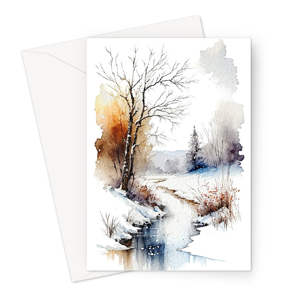 Winter Landscape Card Snowy Icy River Scene Watercolour Painting Ice Snow Scenery Wonderland Art Trees Nature Thank You Blank Greeting Cards - View 2