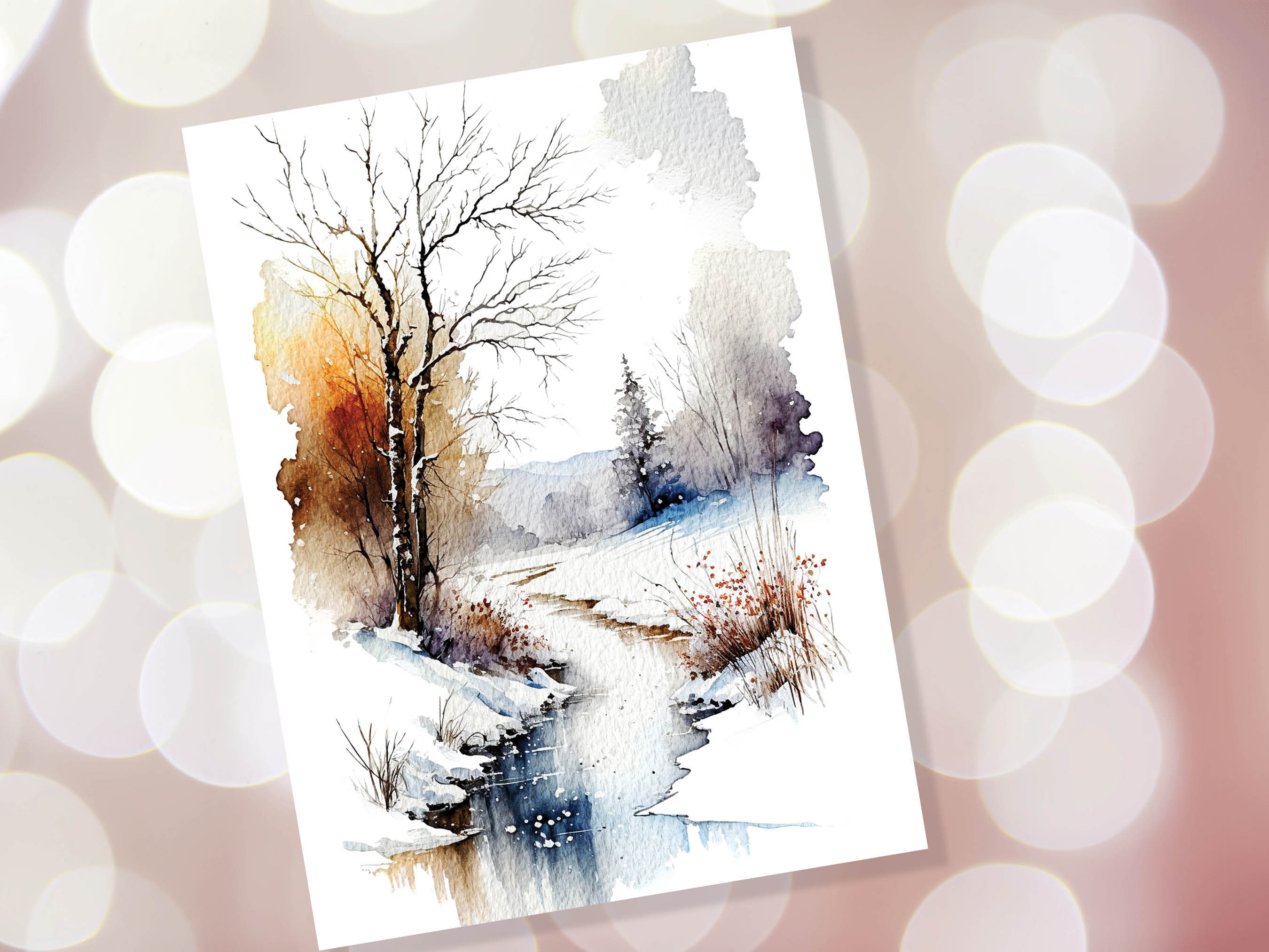 Winter Landscape Card Snowy Icy River Scene Watercolour Painting Ice Snow Scenery Wonderland Art Trees Nature Thank You Blank Greeting Cards - View 9