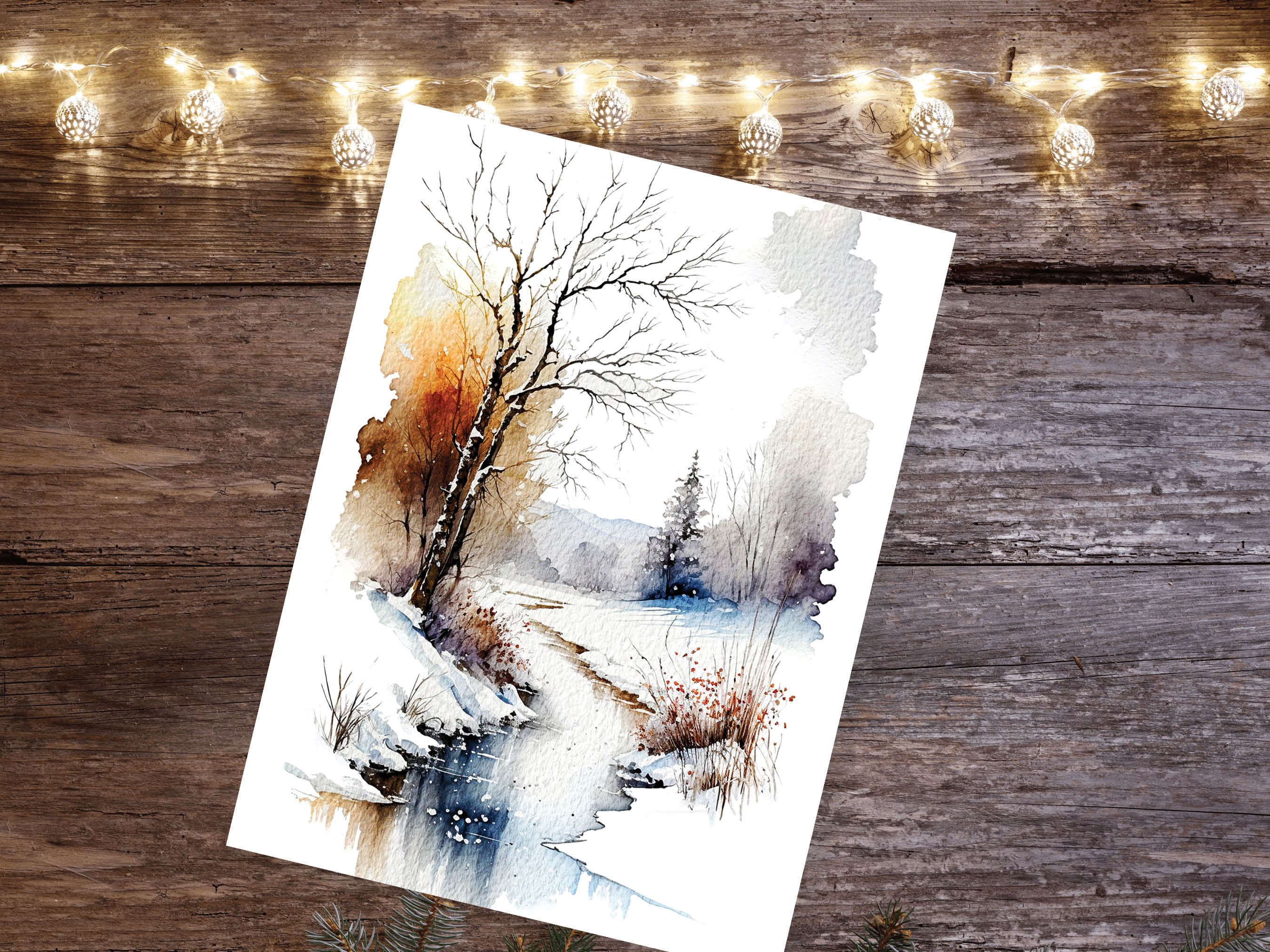 Winter Landscape Card Snowy Icy River Scene Watercolour Painting Ice Snow Scenery Wonderland Art Trees Nature Thank You Blank Greeting Cards