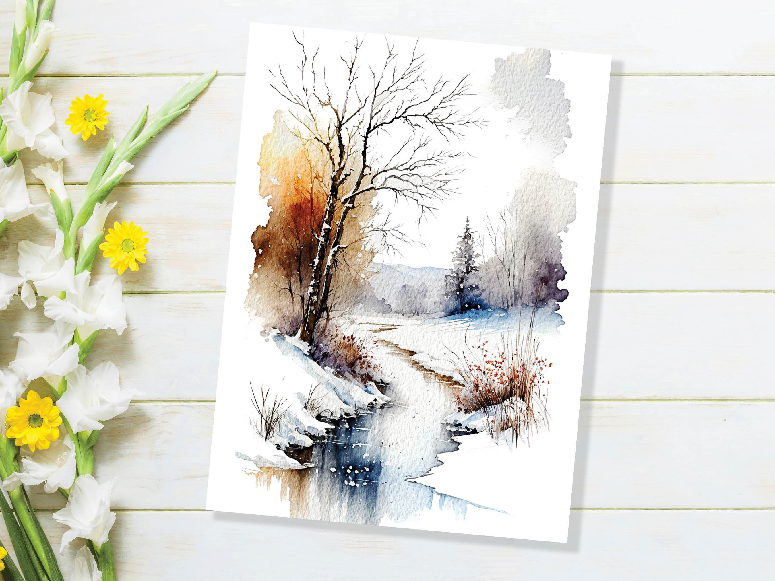 Winter Landscape Card Snowy Icy River Scene Watercolour Painting Ice Snow Scenery Wonderland Art Trees Nature Thank You Blank Greeting Cards - View 10