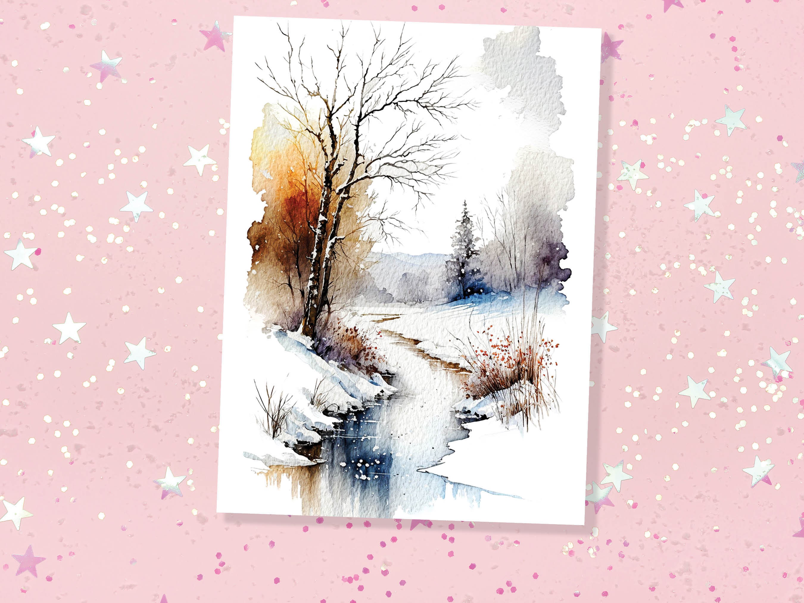 Winter Landscape Card Snowy Icy River Scene Watercolour Painting Ice Snow Scenery Wonderland Art Trees Nature Thank You Blank Greeting Cards - View 7