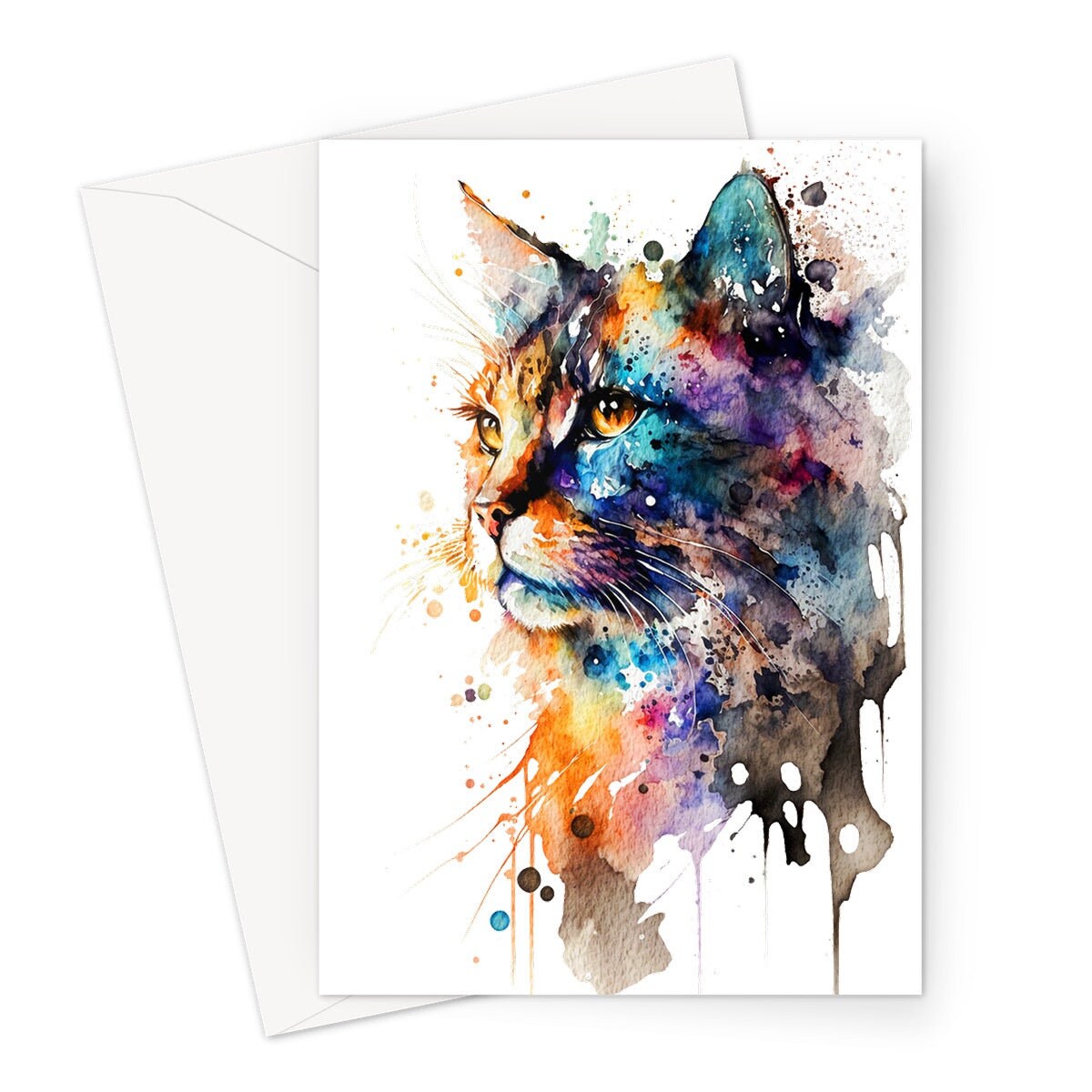 Abstract Cat Card Colourful Watercolour Painting Crazy Cat Lady Lovers Birthday Thank You Pet Sitting Greeting Cards for Mum Wife Sister - View 2