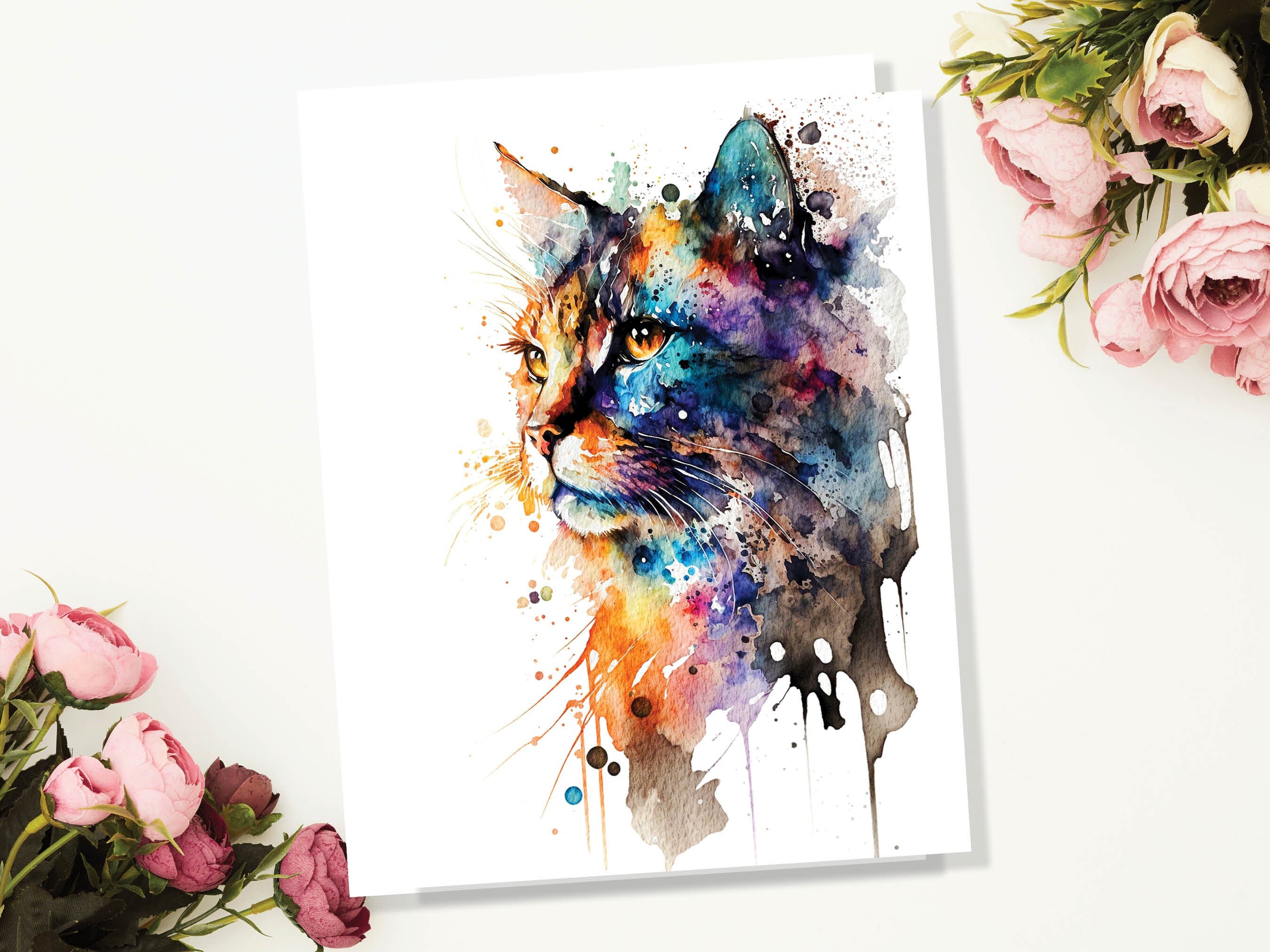 Abstract Cat Card Colourful Watercolour Painting Crazy Cat Lady Lovers Birthday Thank You Pet Sitting Greeting Cards for Mum Wife Sister - View 4