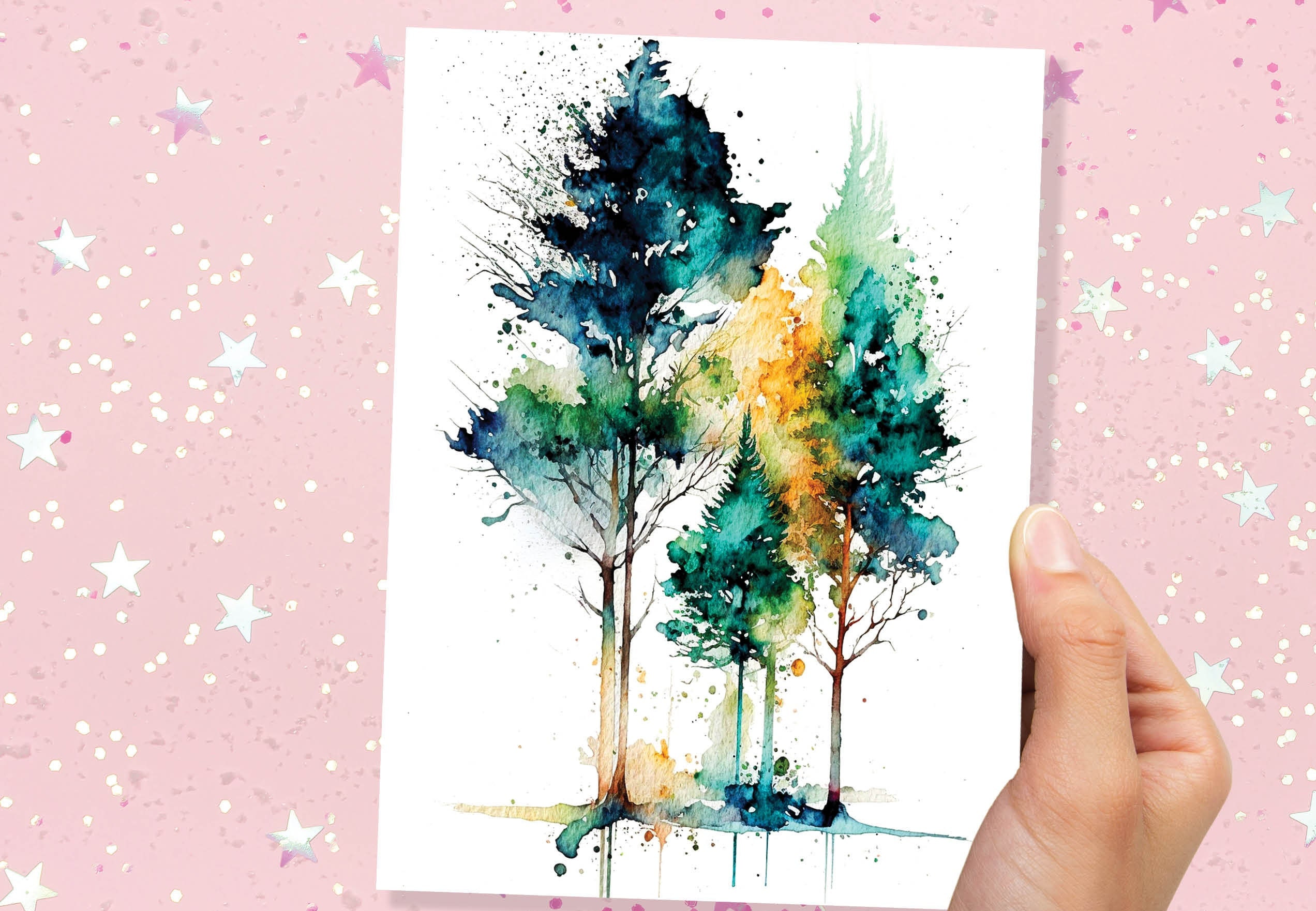 Minimal Watercolor Forest Card Nature Lover Abstract Trees Woodland Painting Greeting Cards Any Occasion Thinking of You Thanks Just Because - View 6