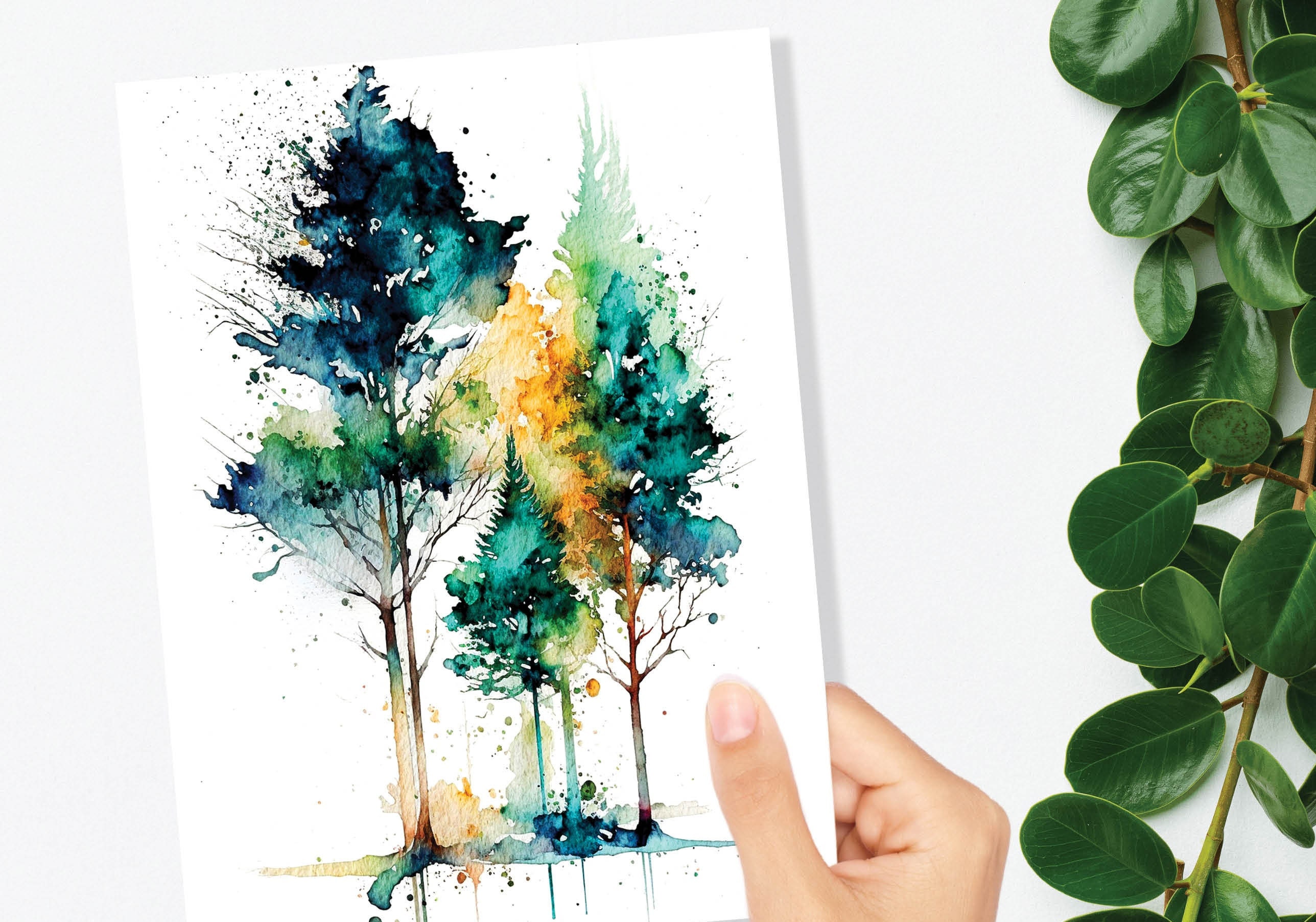 Minimal Watercolor Forest Card Nature Lover Abstract Trees Woodland Painting Greeting Cards Any Occasion Thinking of You Thanks Just Because