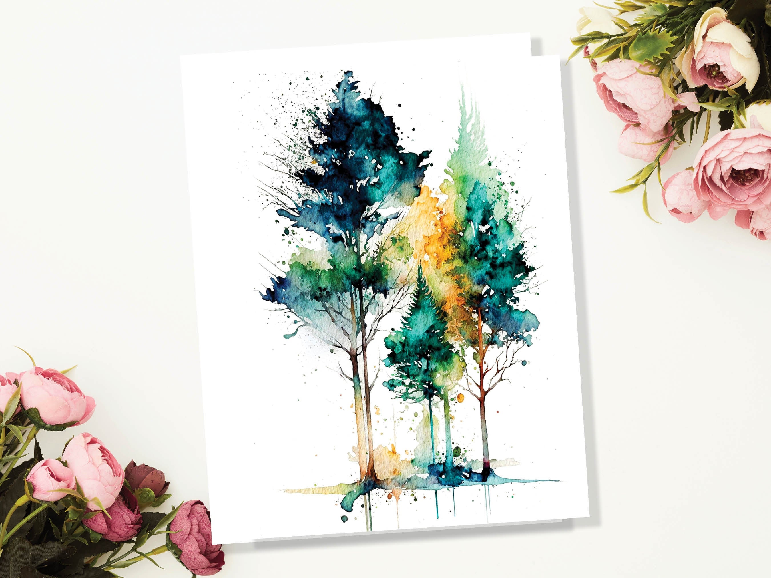 Minimal Watercolor Forest Card Nature Lover Abstract Trees Woodland Painting Greeting Cards Any Occasion Thinking of You Thanks Just Because - View 4