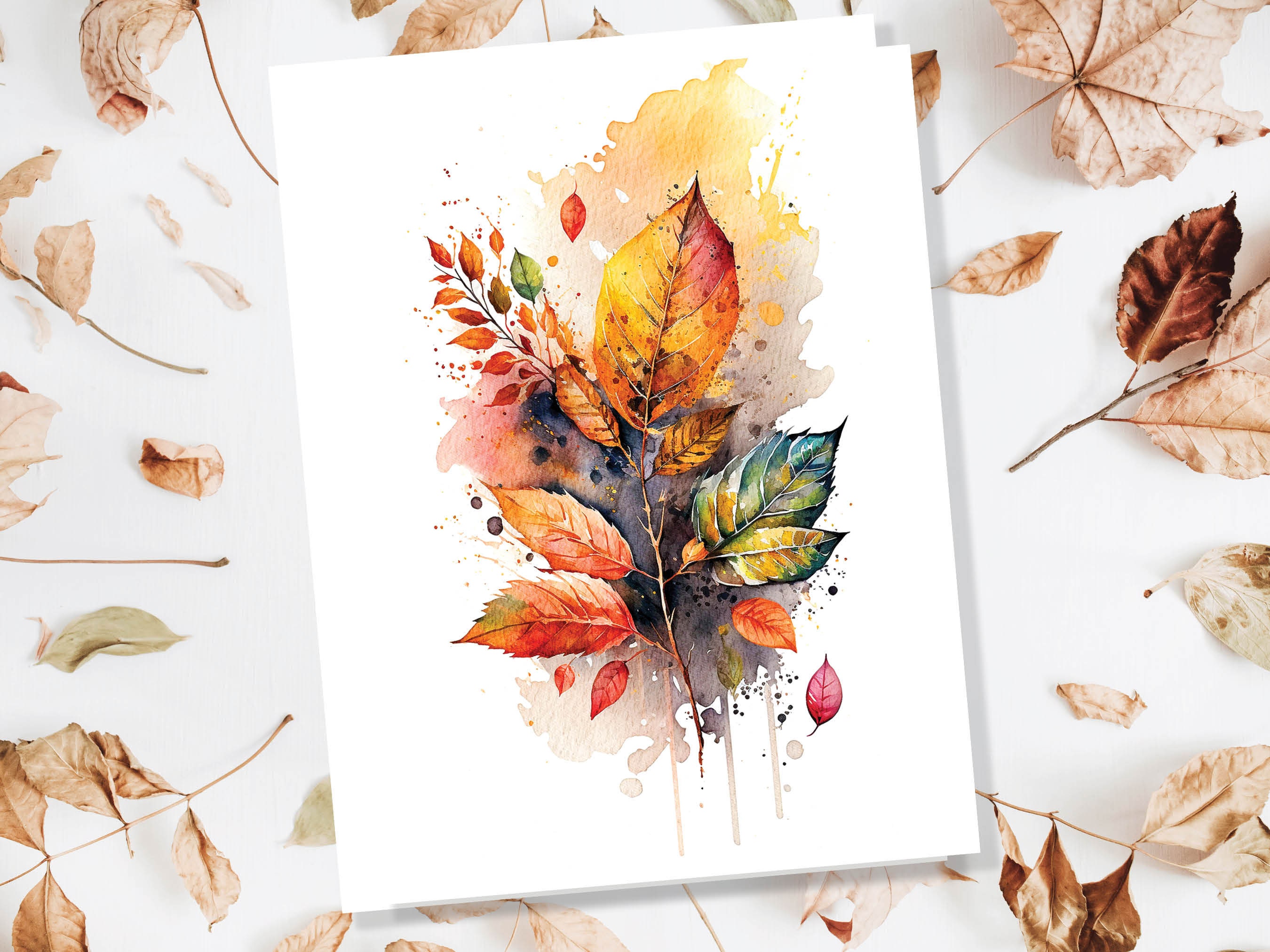 Autumn Leaves Card Happy Thanksgiving Fall Greeting Cards Leaf Nature Note Cards All Occasion Notelets Watercolour Harvest Thanks Greetings - View 2