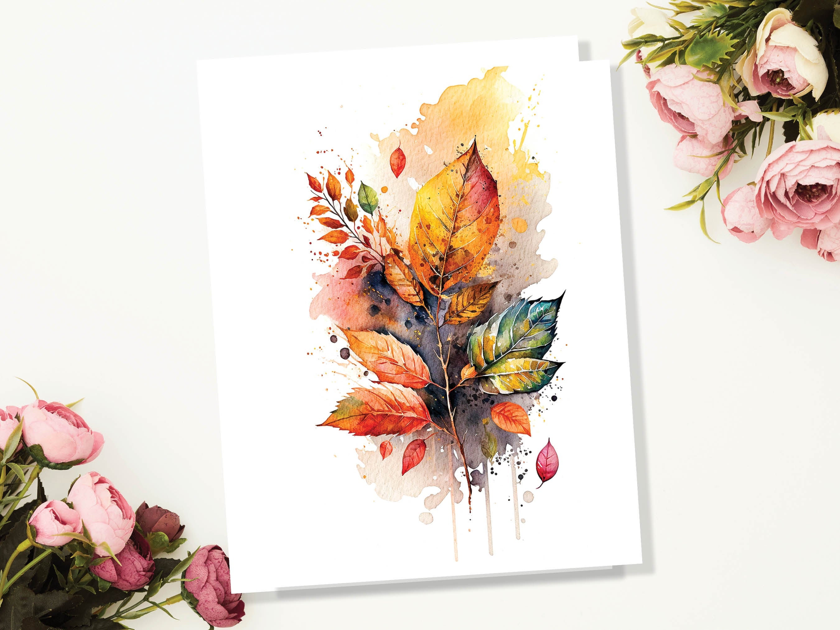 Autumn Leaves Card Happy Thanksgiving Fall Greeting Cards Leaf Nature Note Cards All Occasion Notelets Watercolour Harvest Thanks Greetings - View 5