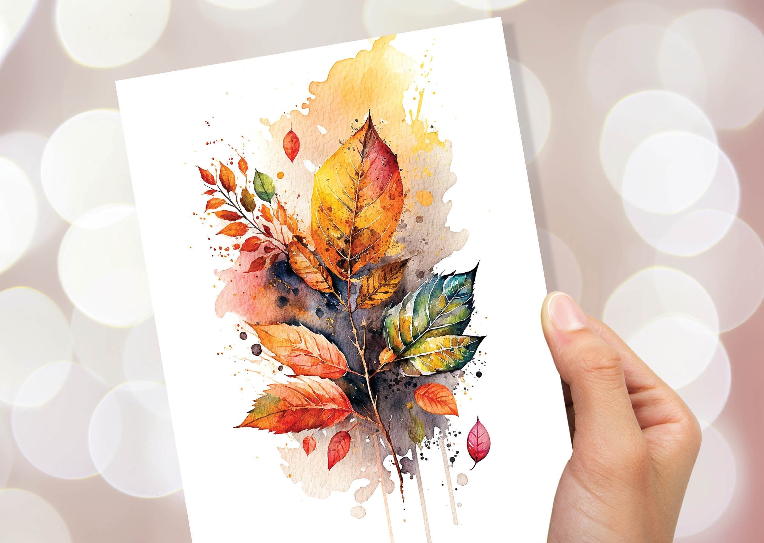 Autumn Leaves Card Happy Thanksgiving Fall Greeting Cards Leaf Nature Note Cards All Occasion Notelets Watercolour Harvest Thanks Greetings - View 9