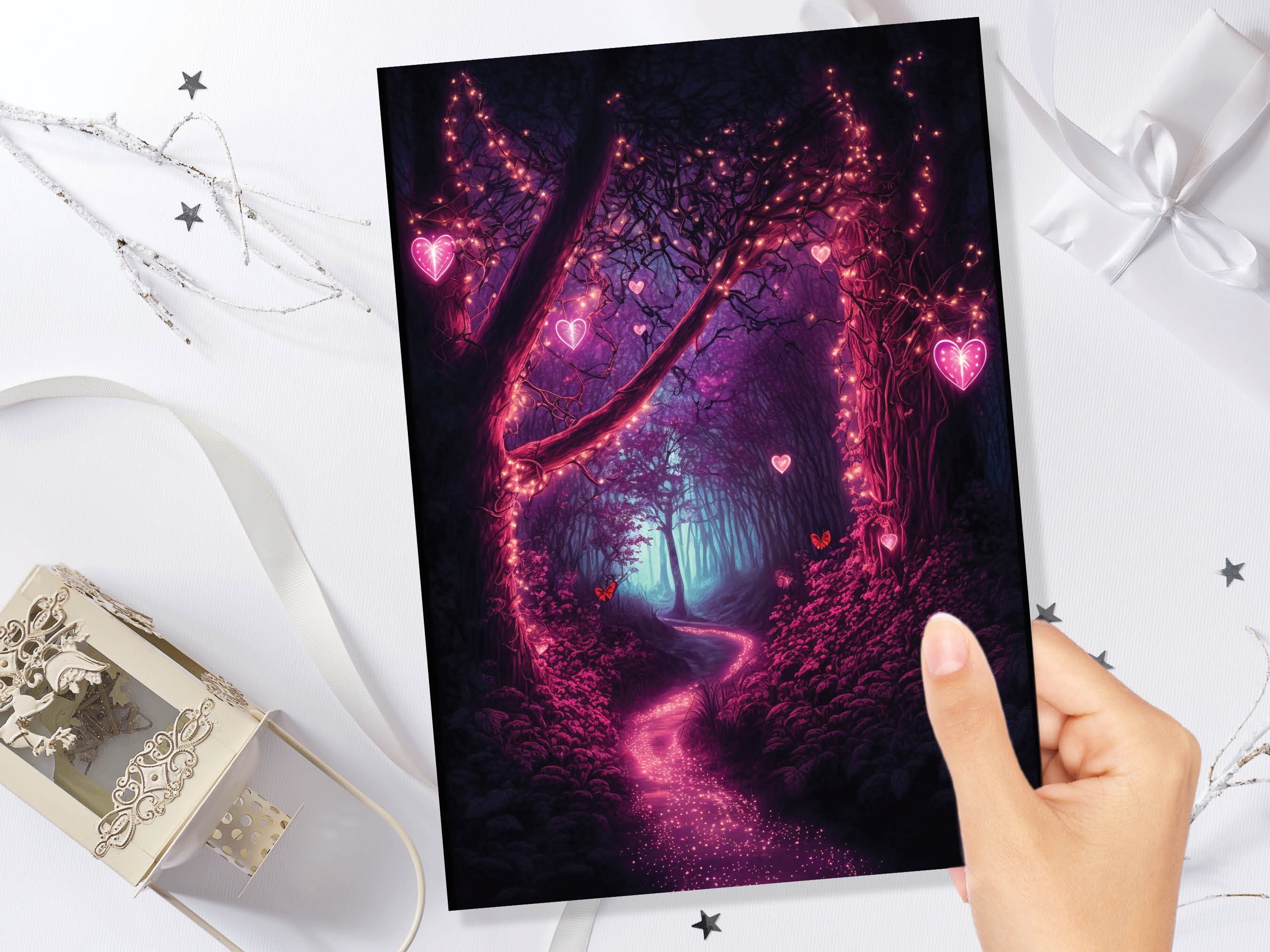 Romantic Magical Garden with Heart-Shaped Lights and Mystical Whimsical Night Butterfly Greeting Card Wife Girlfriend Anniversary Monthsary - View 10