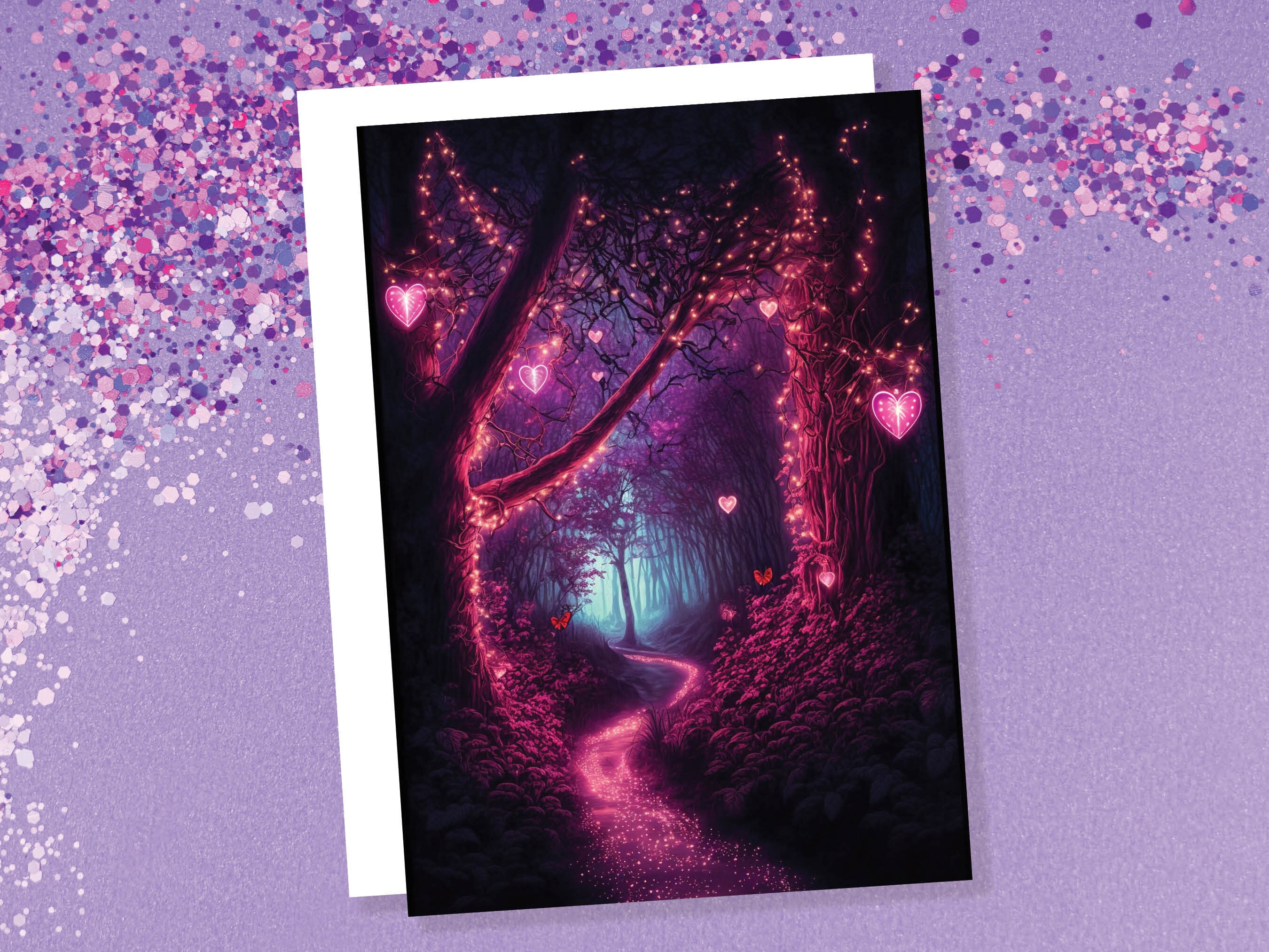 Romantic Magical Garden with Heart-Shaped Lights and Mystical Whimsical Night Butterfly Greeting Card Wife Girlfriend Anniversary Monthsary - View 4