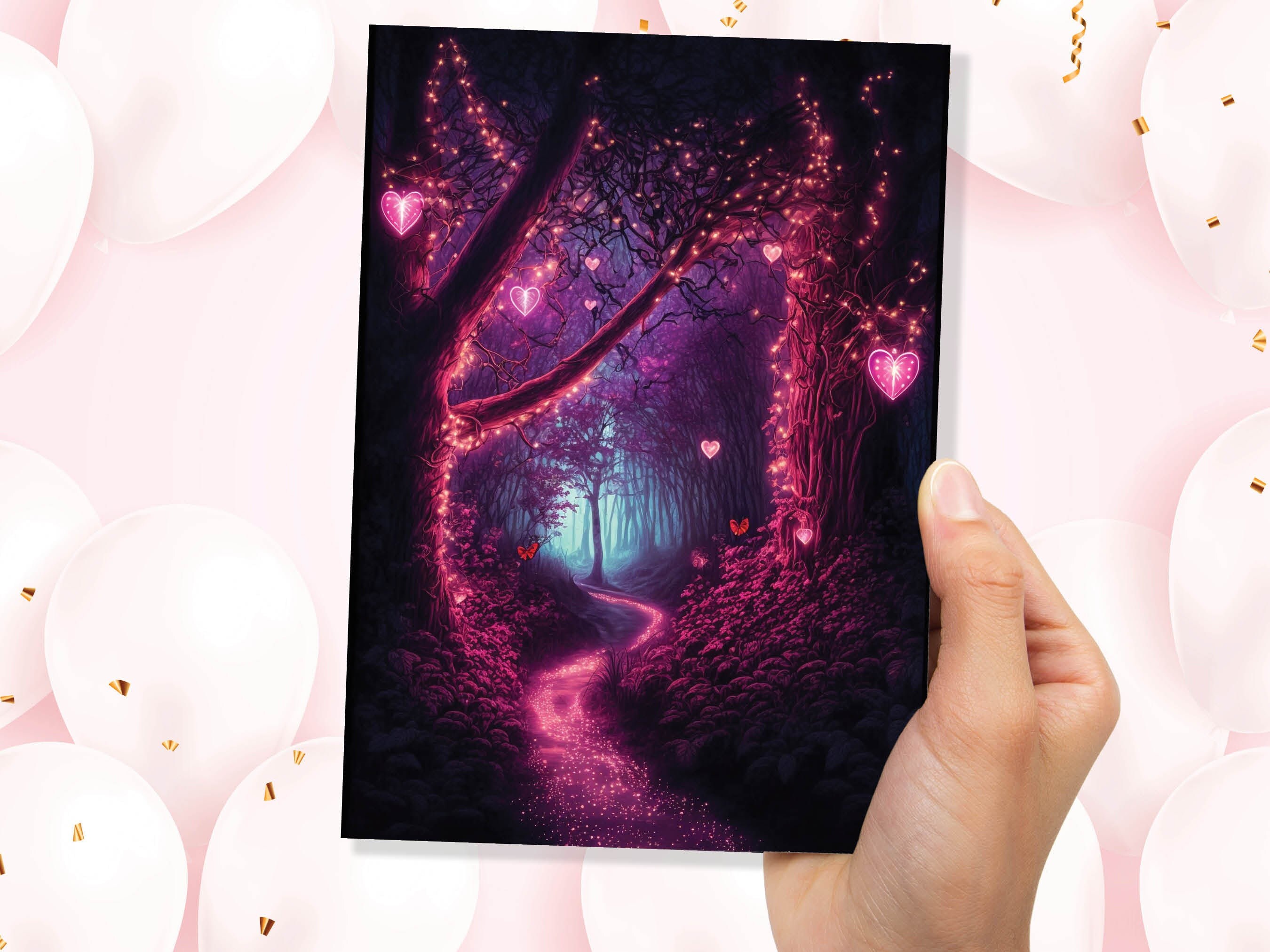 Romantic Magical Garden with Heart-Shaped Lights and Mystical Whimsical Night Butterfly Greeting Card Wife Girlfriend Anniversary Monthsary - View 5