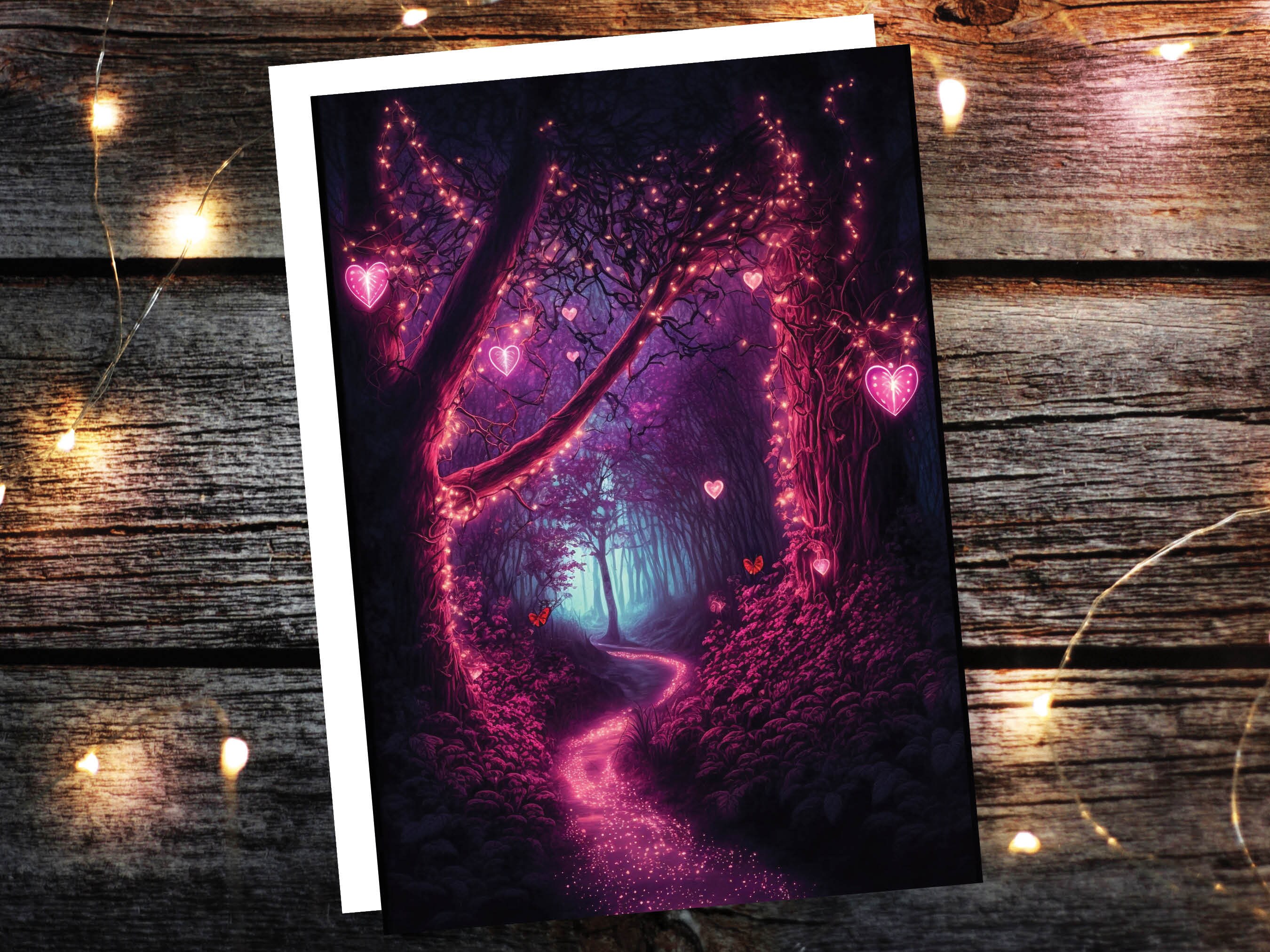 Romantic Magical Garden with Heart-Shaped Lights and Mystical Whimsical Night Butterfly Greeting Card Wife Girlfriend Anniversary Monthsary - View 7