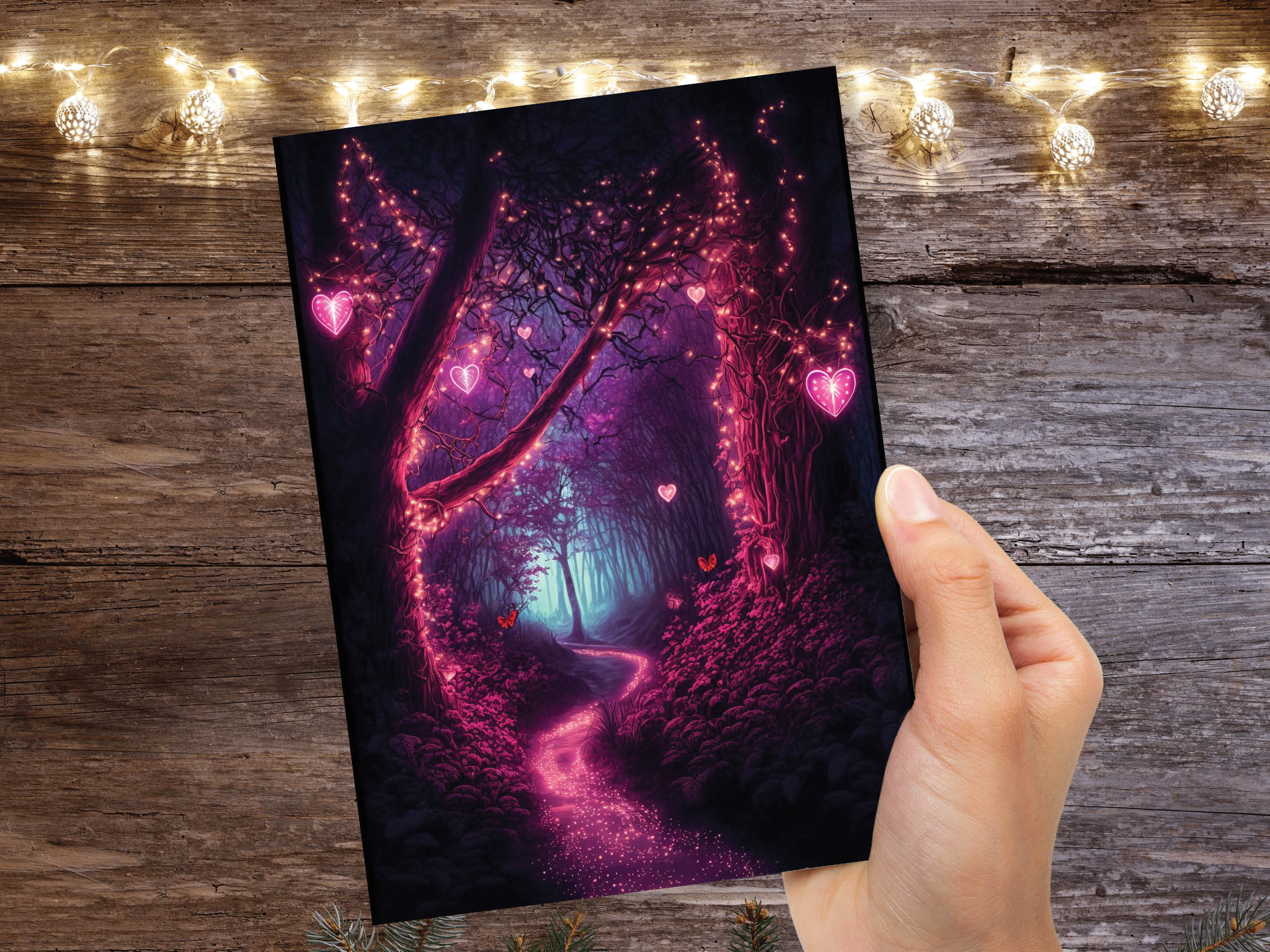 Romantic Magical Garden with Heart-Shaped Lights and Mystical Whimsical Night Butterfly Greeting Card Wife Girlfriend Anniversary Monthsary - View 9