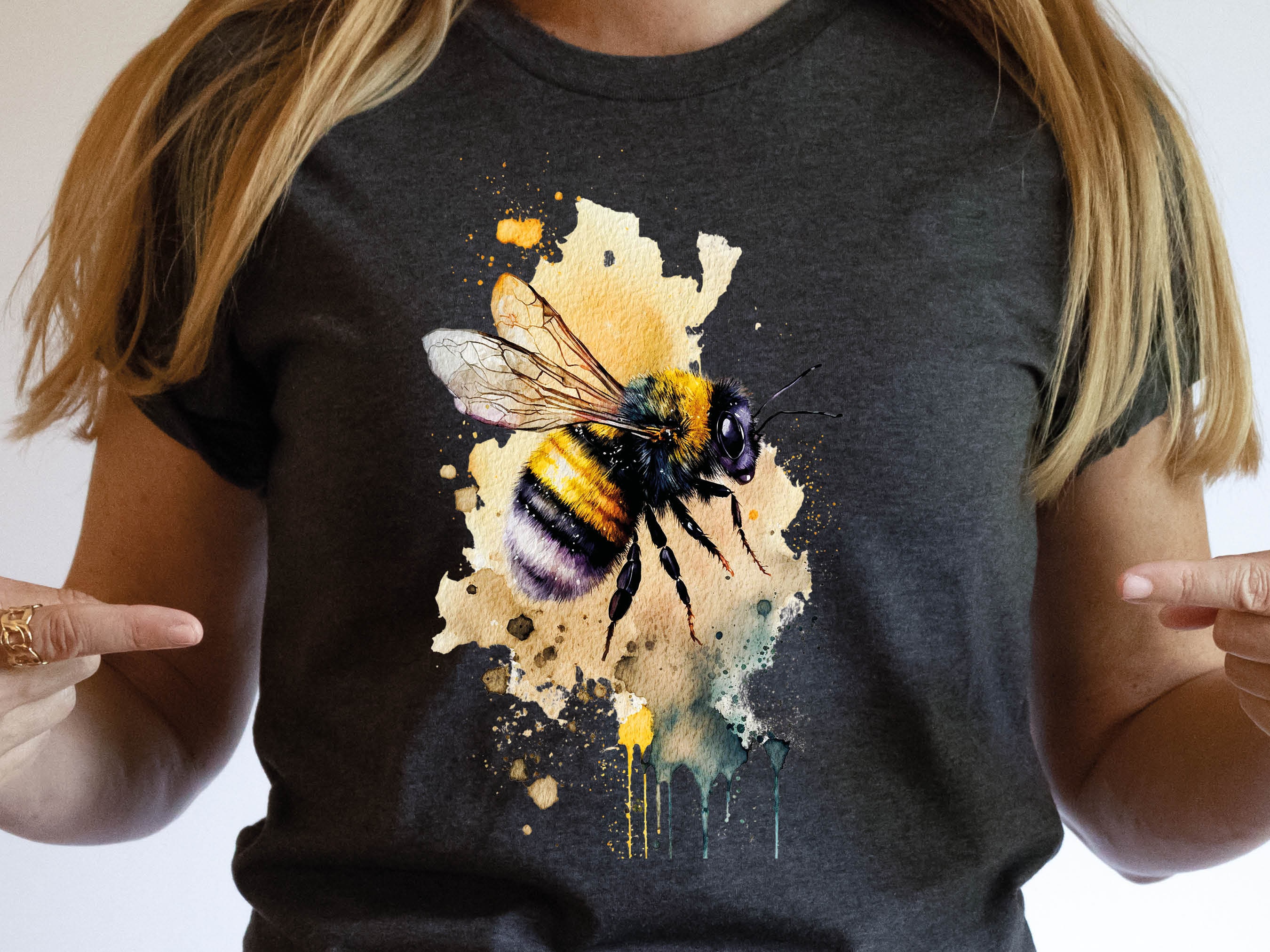 Honey Bee T-Shirt Messy Watercolour Summer Tee Painting Bumble Bees Nature Insect Eco-Friendly Sustainable Springtime Gift for Women Her - View 4