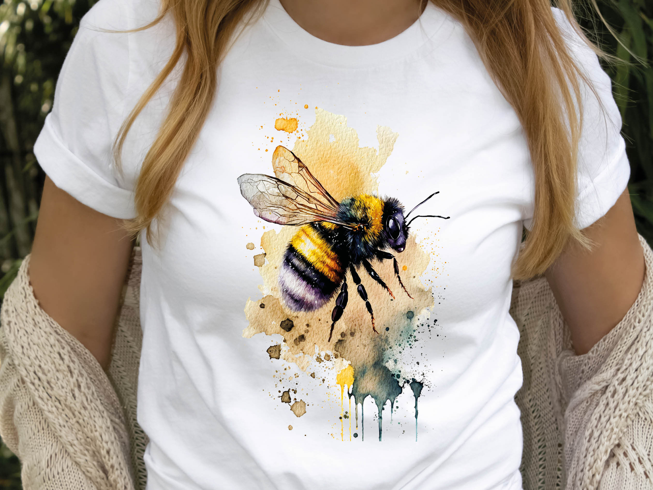 Honey Bee T-Shirt Messy Watercolour Summer Tee Painting Bumble Bees Nature Insect Eco-Friendly Sustainable Springtime Gift for Women Her - View 8