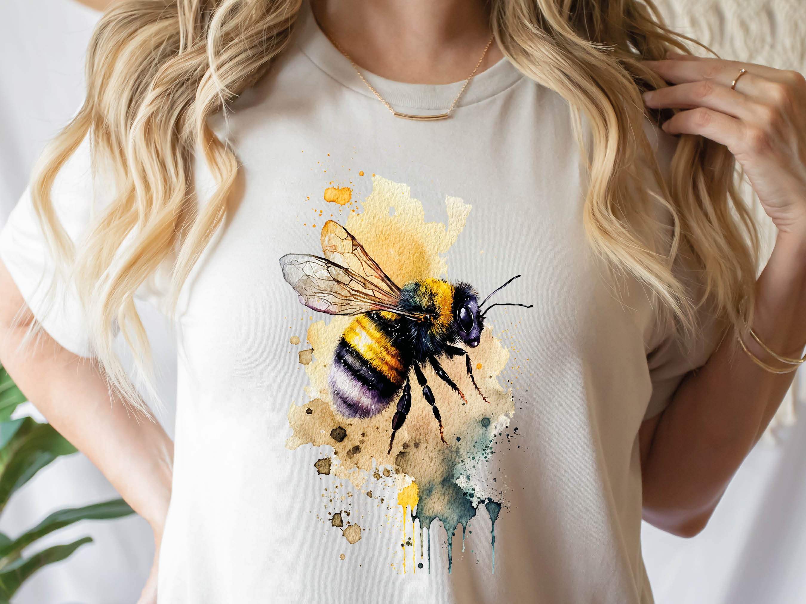 Honey Bee T-Shirt Messy Watercolour Summer Tee Painting Bumble Bees Nature Insect Eco-Friendly Sustainable Springtime Gift for Women Her - View 2