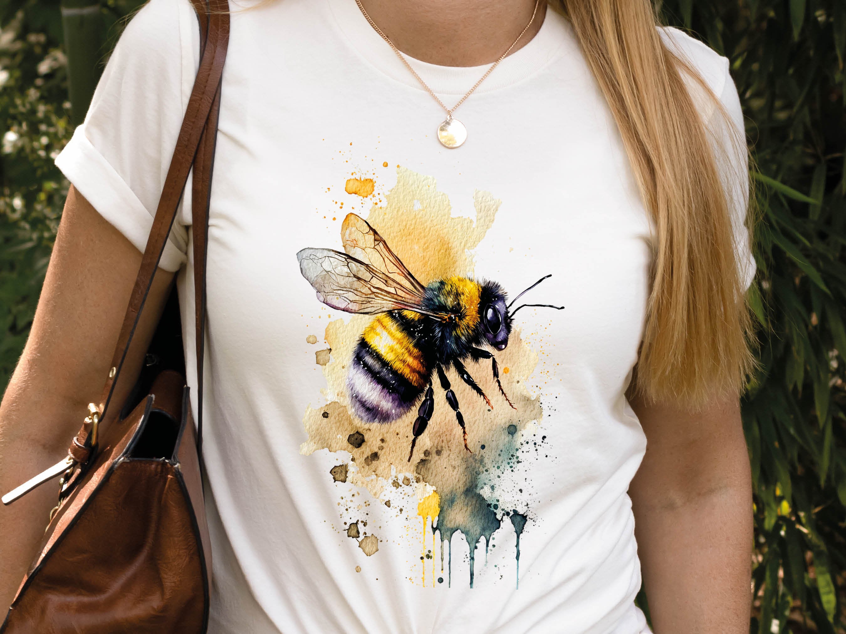 Honey Bee T-Shirt Messy Watercolour Summer Tee Painting Bumble Bees Nature Insect Eco-Friendly Sustainable Springtime Gift for Women Her