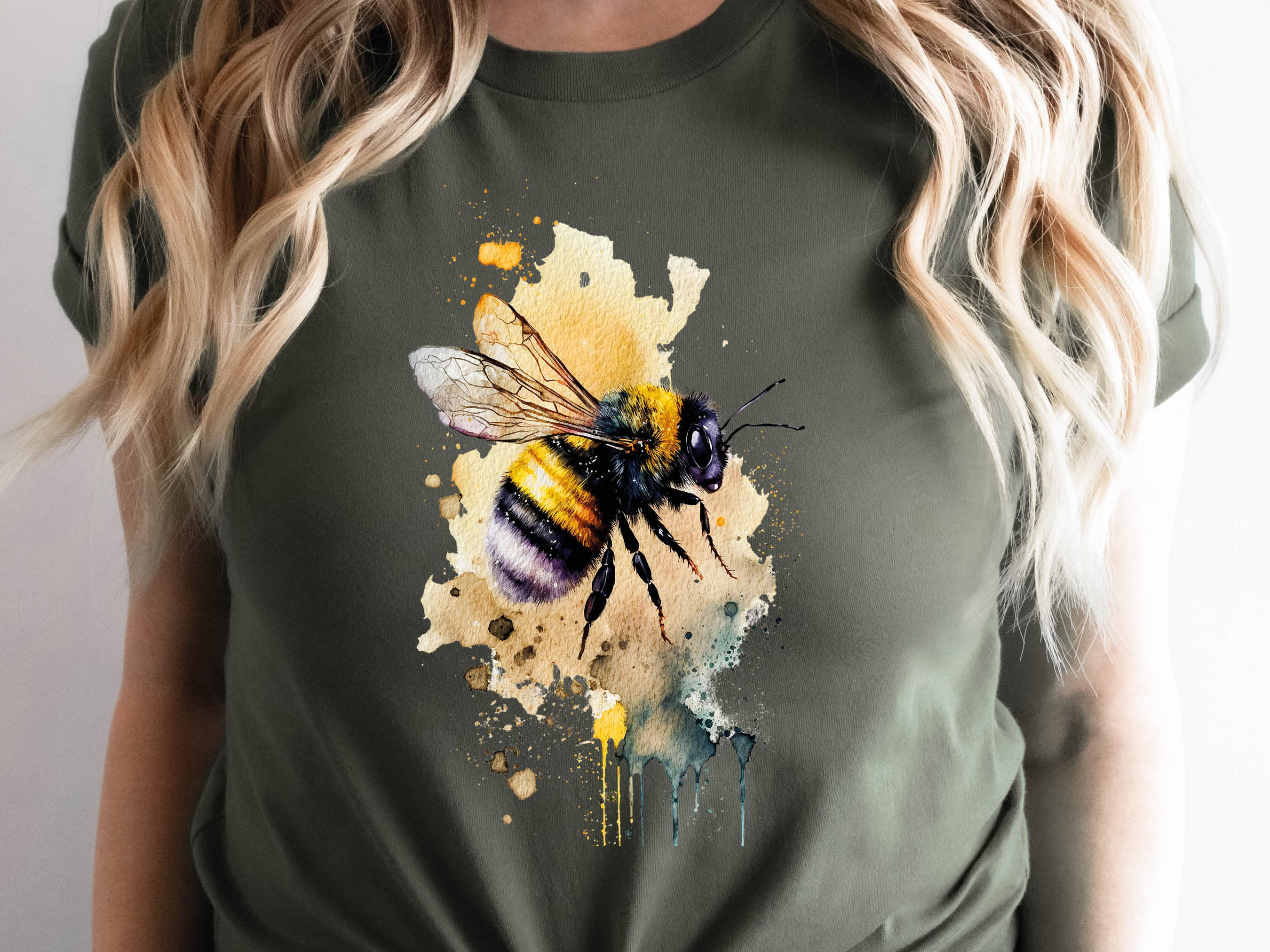 Honey Bee T-Shirt Messy Watercolour Summer Tee Painting Bumble Bees Nature Insect Eco-Friendly Sustainable Springtime Gift for Women Her - View 3