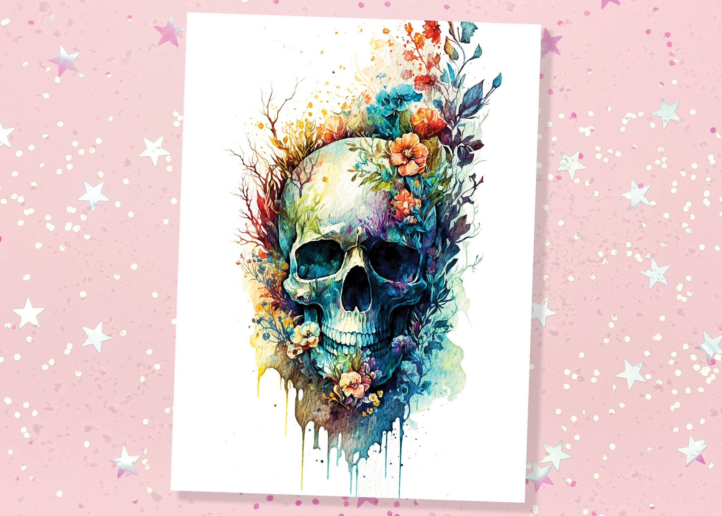 Skull with Flowers Card Gothic Birthday Cards Day of the Dead Goth Alternative Wedding Floral Watercolour Greetings Notelets Boho Chic BFF