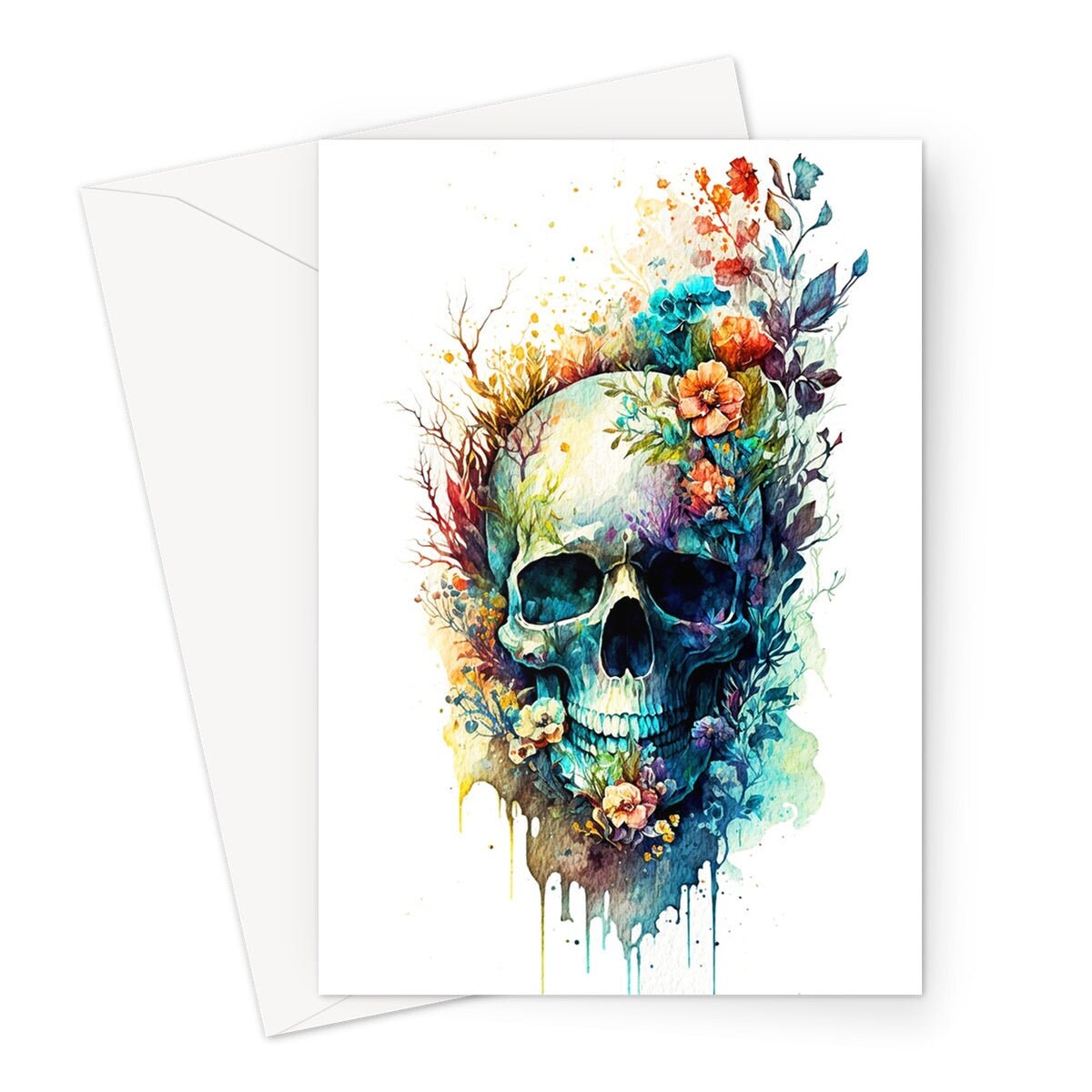 Skull with Flowers Card Gothic Birthday Cards Day of the Dead Goth Alternative Wedding Floral Watercolour Greetings Notelets Boho Chic BFF - View 2