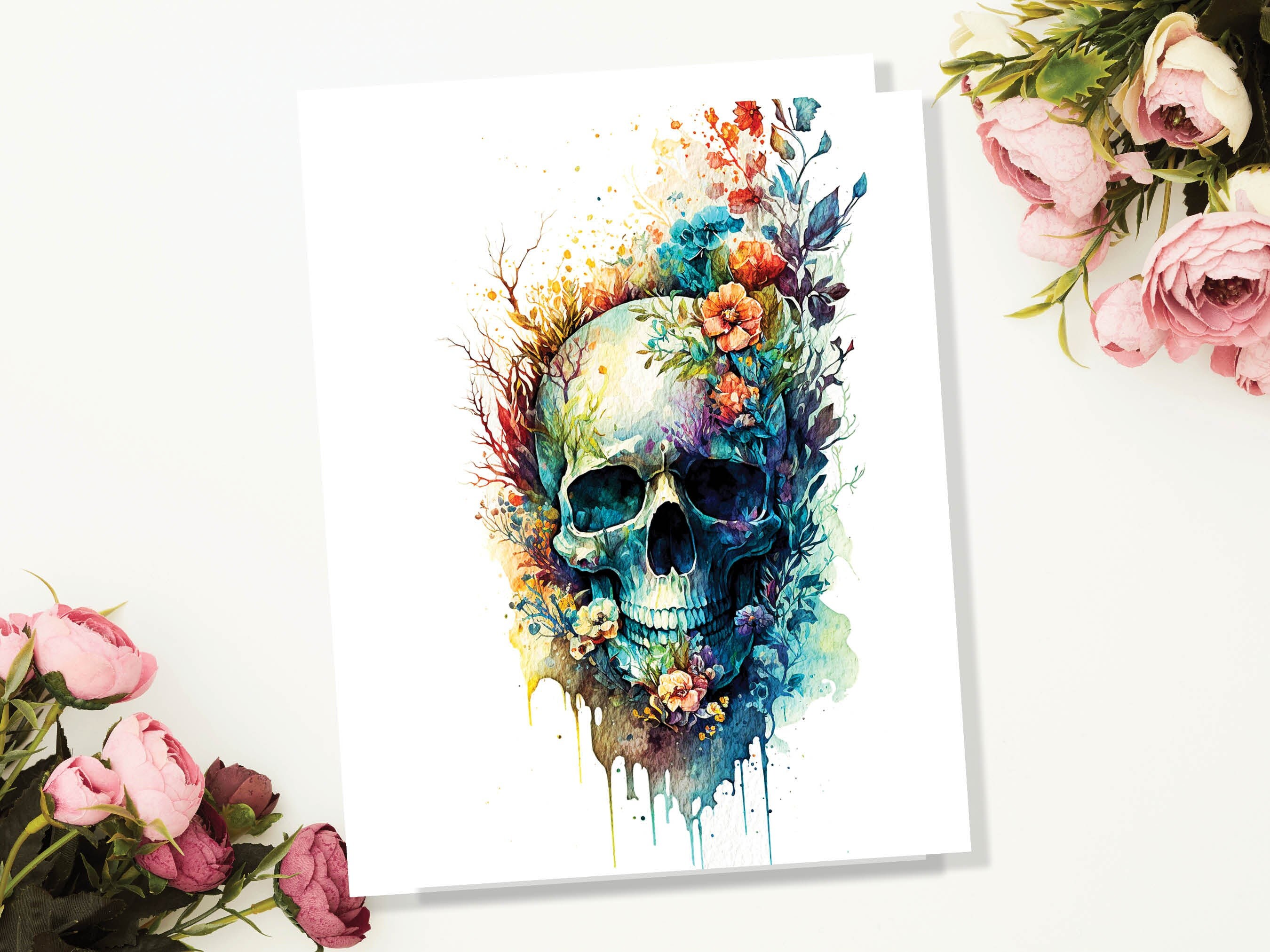 Skull with Flowers Card Gothic Birthday Cards Day of the Dead Goth Alternative Wedding Floral Watercolour Greetings Notelets Boho Chic BFF - View 4