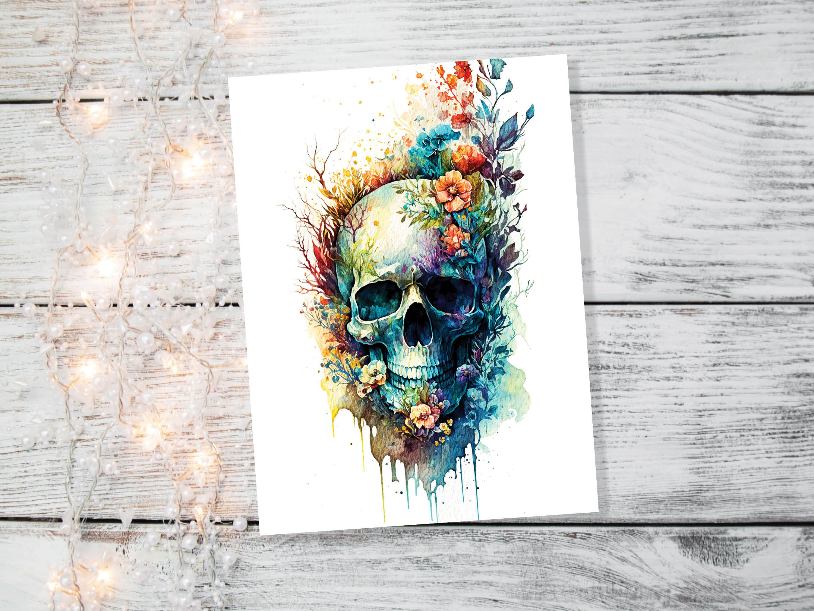 Skull with Flowers Card Gothic Birthday Cards Day of the Dead Goth Alternative Wedding Floral Watercolour Greetings Notelets Boho Chic BFF - View 5