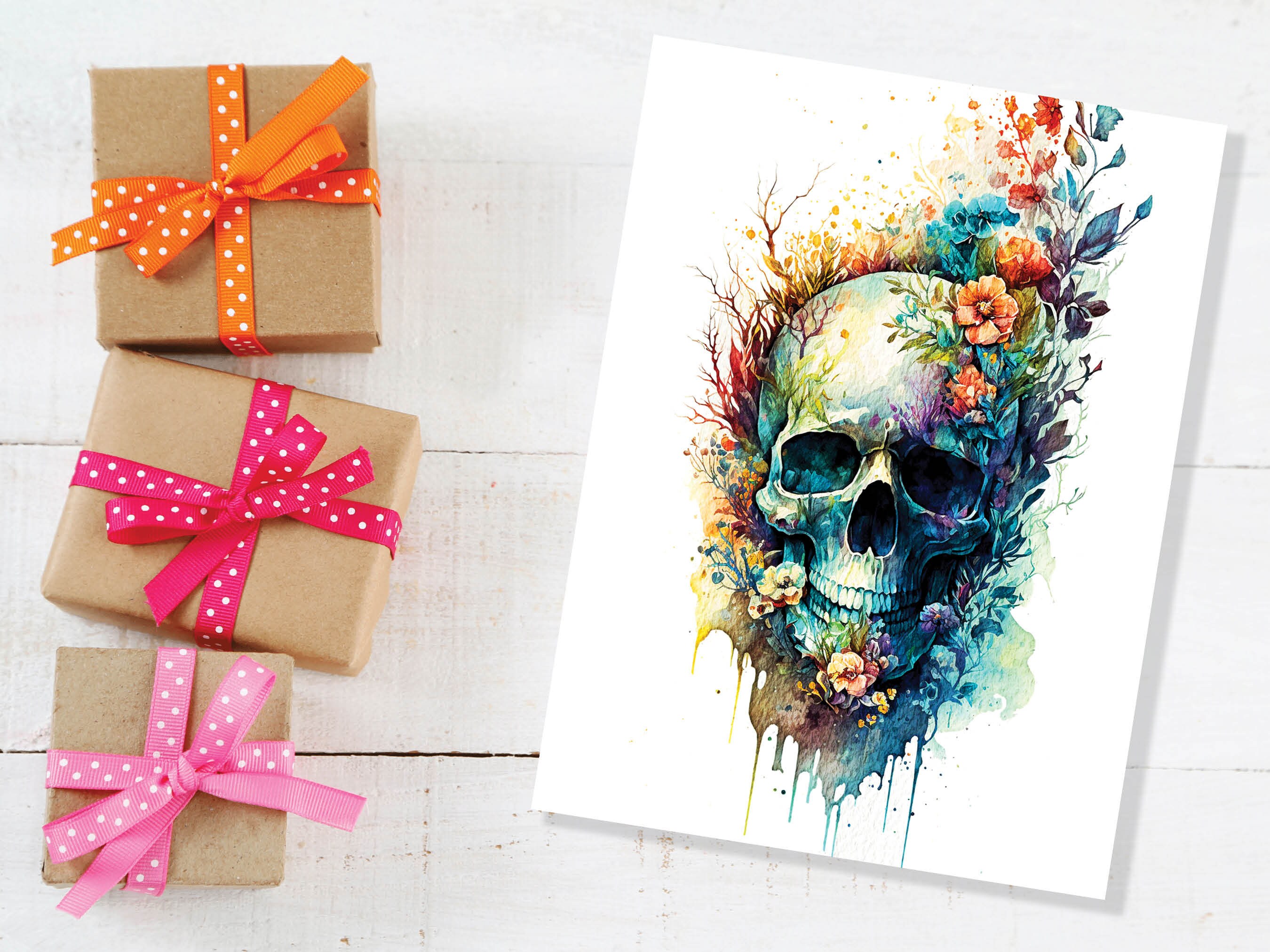 Skull with Flowers Card Gothic Birthday Cards Day of the Dead Goth Alternative Wedding Floral Watercolour Greetings Notelets Boho Chic BFF - View 6