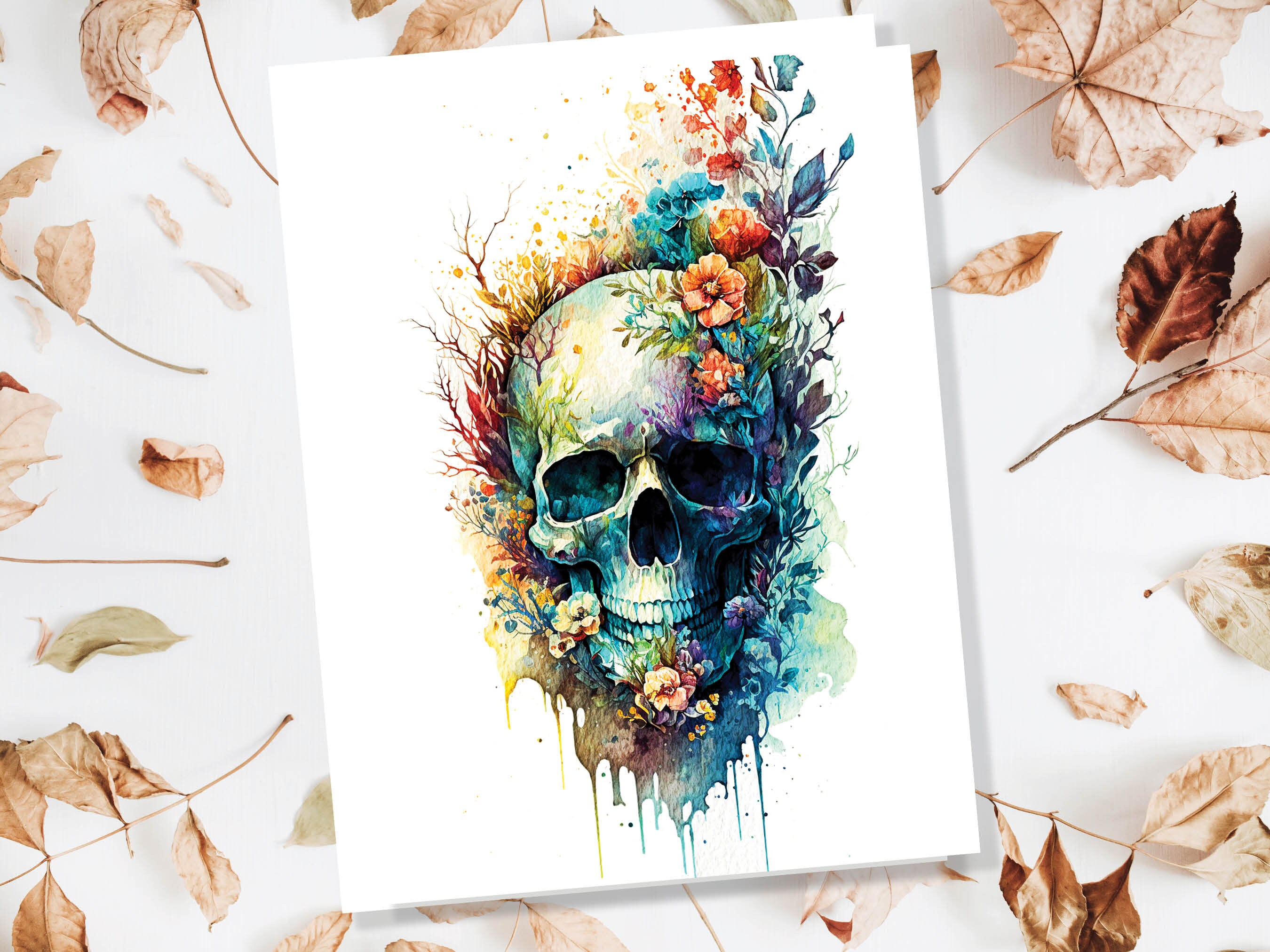 Skull with Flowers Card Gothic Birthday Cards Day of the Dead Goth Alternative Wedding Floral Watercolour Greetings Notelets Boho Chic BFF - View 7