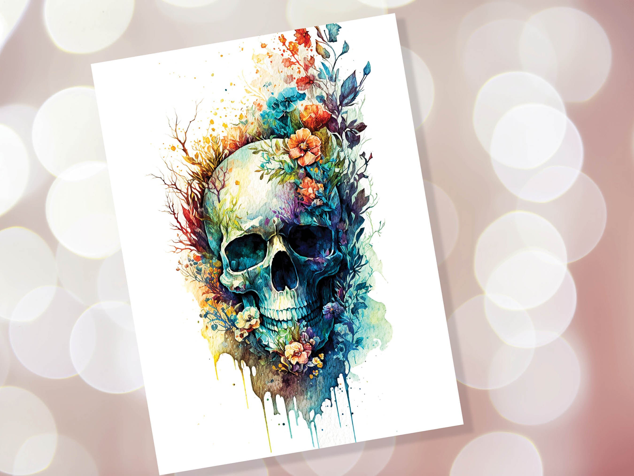 Skull with Flowers Card Gothic Birthday Cards Day of the Dead Goth Alternative Wedding Floral Watercolour Greetings Notelets Boho Chic BFF - View 8