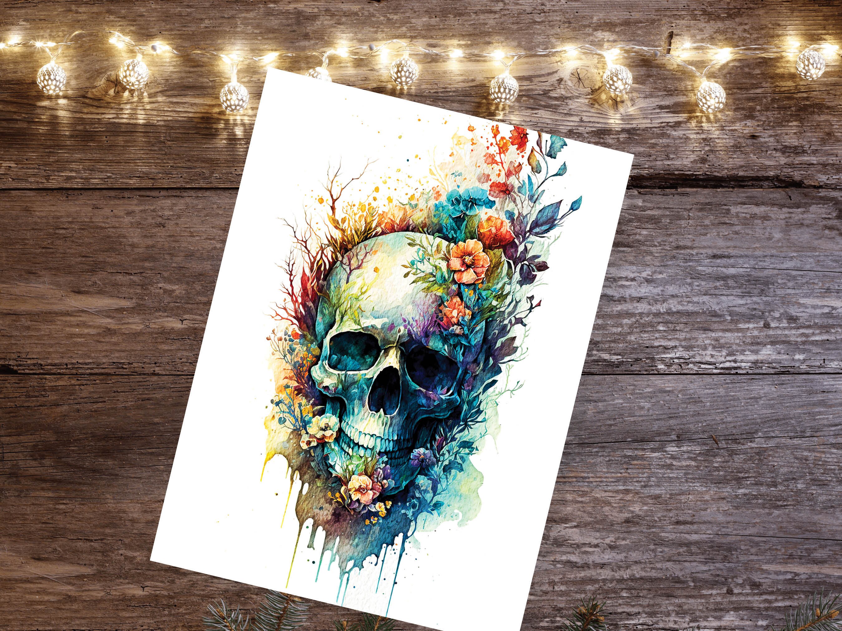 Skull with Flowers Card Gothic Birthday Cards Day of the Dead Goth Alternative Wedding Floral Watercolour Greetings Notelets Boho Chic BFF - View 9