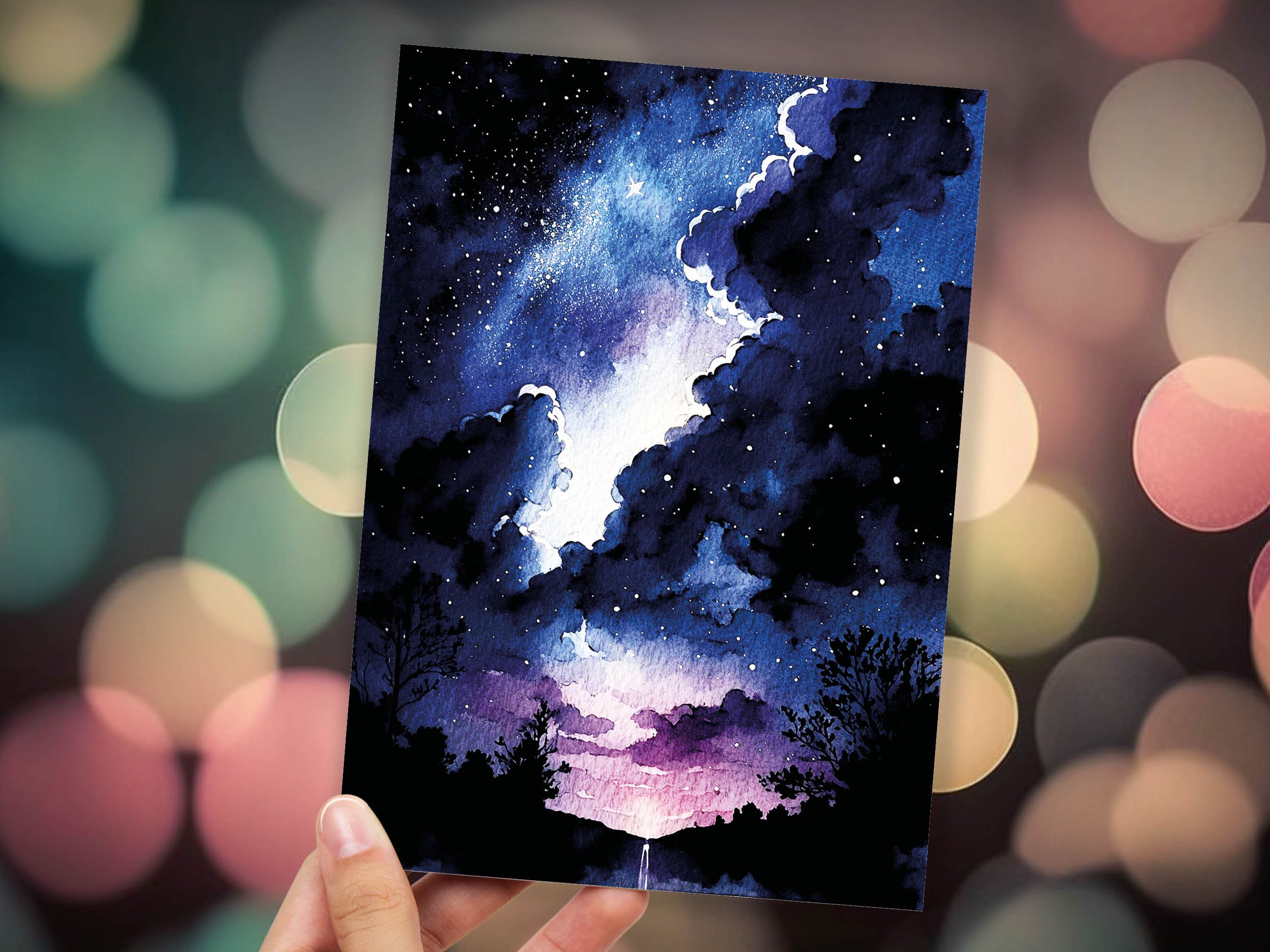 Watercolour Night Sky Card Blue Purple Starry Sunset Galaxy Stars Clouds Sunrise Thanks Space Themed Birthday Cards Notes Notelets Greetings - View 10