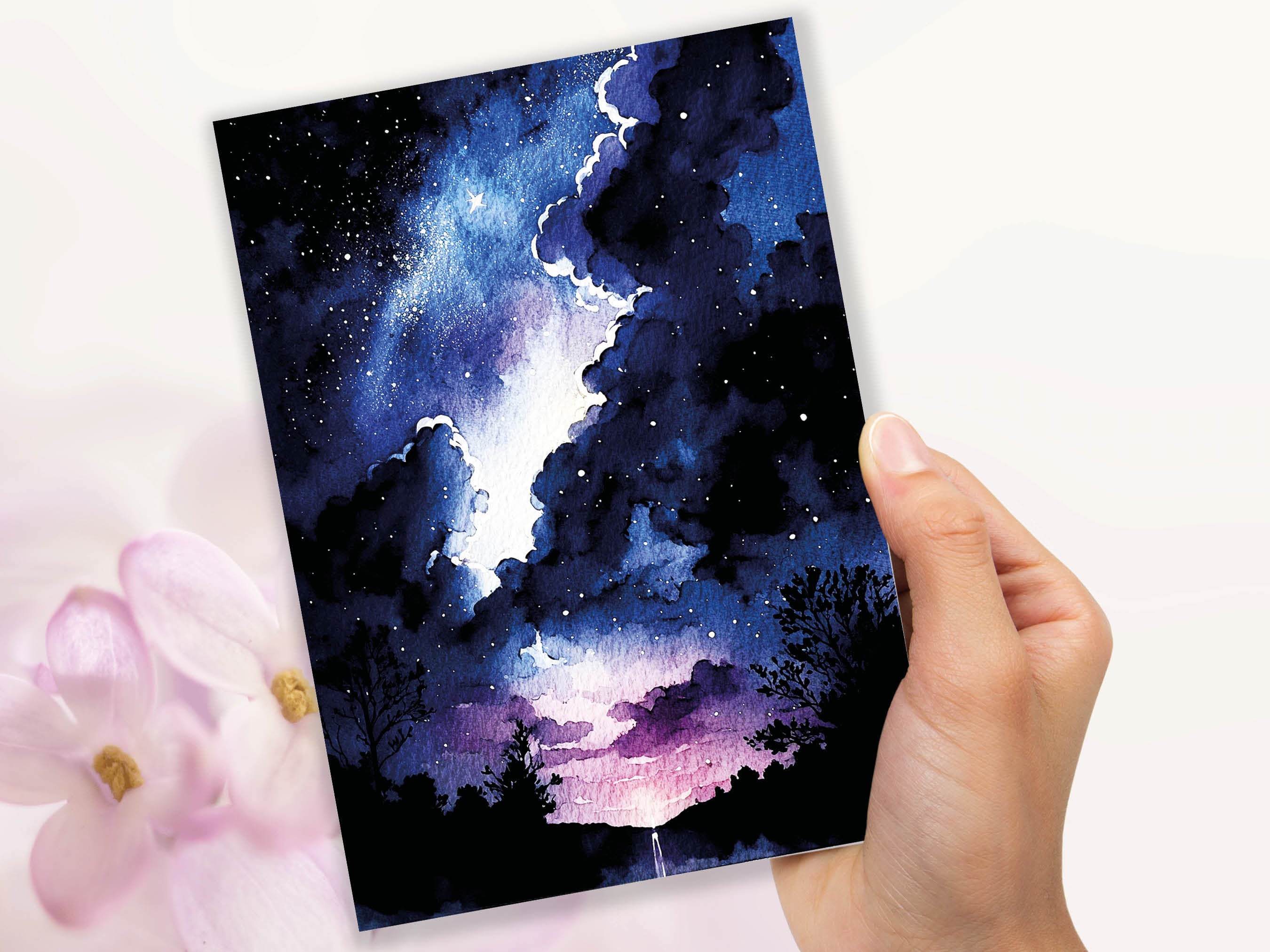 Watercolour Night Sky Card Blue Purple Starry Sunset Galaxy Stars Clouds Sunrise Thanks Space Themed Birthday Cards Notes Notelets Greetings