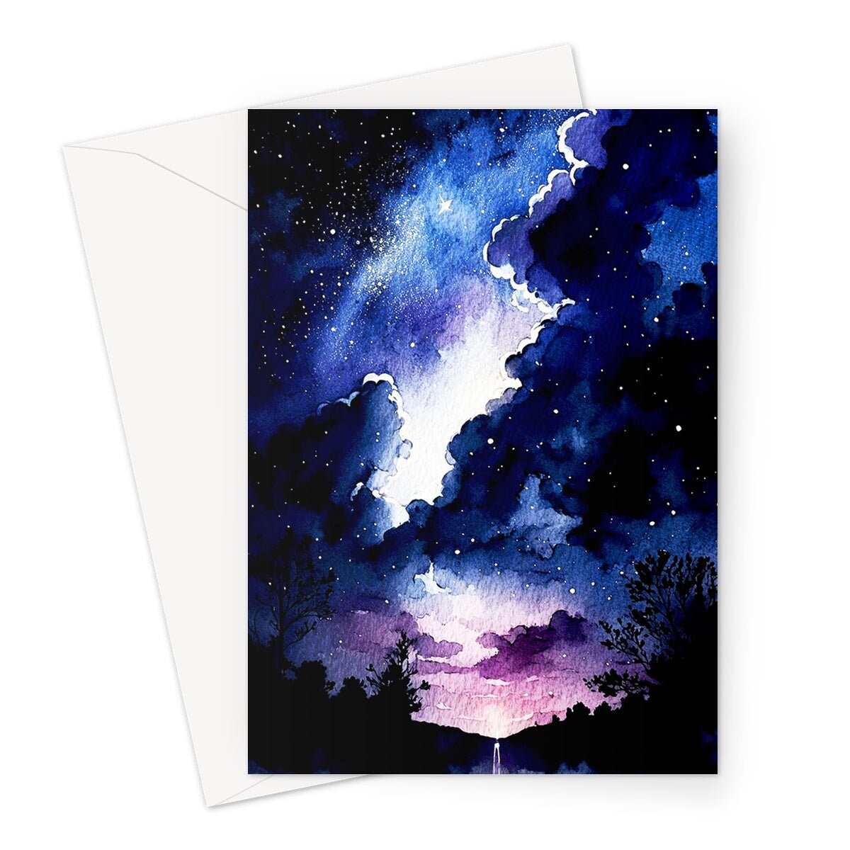 Watercolour Night Sky Card Blue Purple Starry Sunset Galaxy Stars Clouds Sunrise Thanks Space Themed Birthday Cards Notes Notelets Greetings - View 2