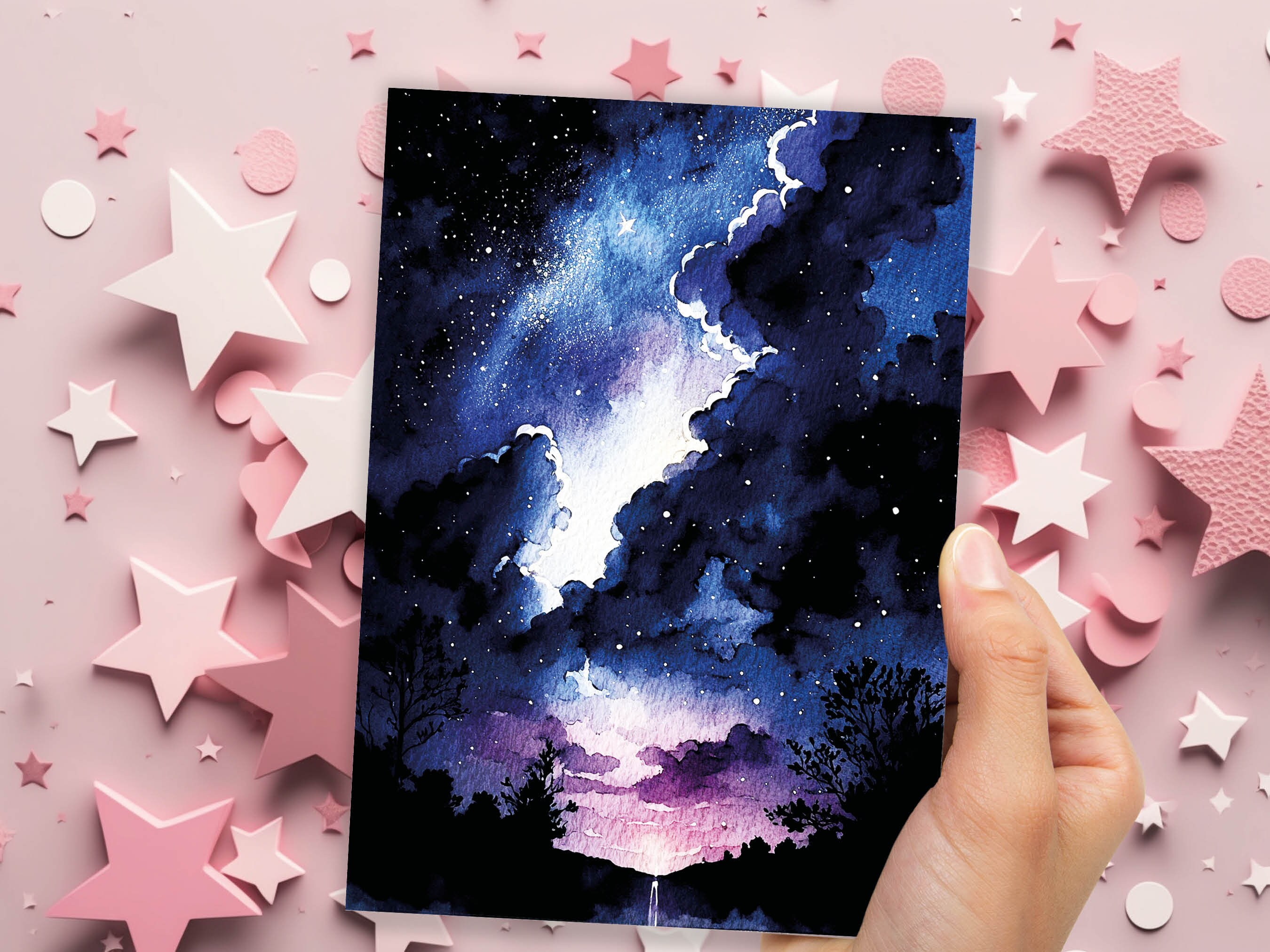 Watercolour Night Sky Card Blue Purple Starry Sunset Galaxy Stars Clouds Sunrise Thanks Space Themed Birthday Cards Notes Notelets Greetings - View 4