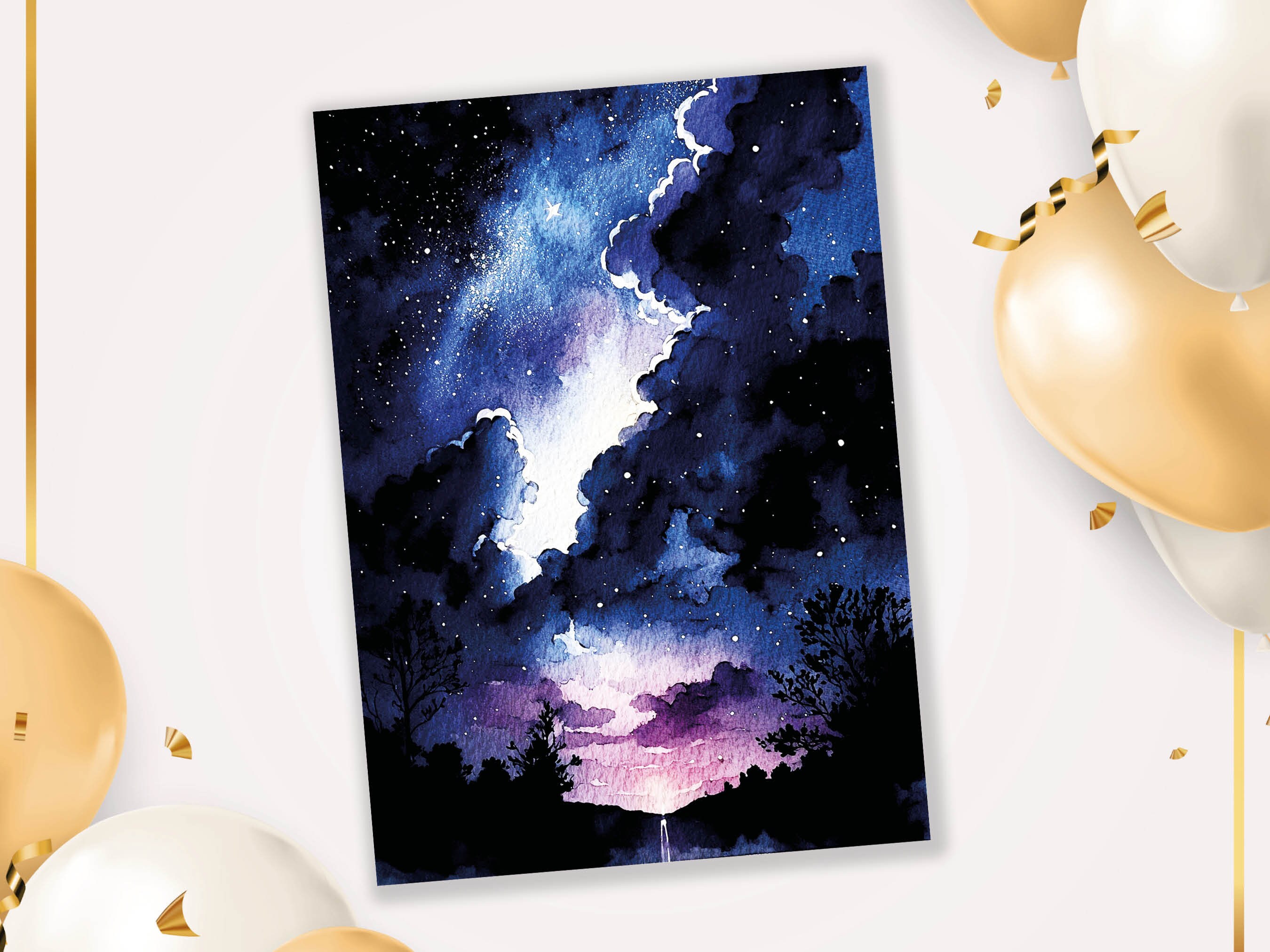 Watercolour Night Sky Card Blue Purple Starry Sunset Galaxy Stars Clouds Sunrise Thanks Space Themed Birthday Cards Notes Notelets Greetings - View 5