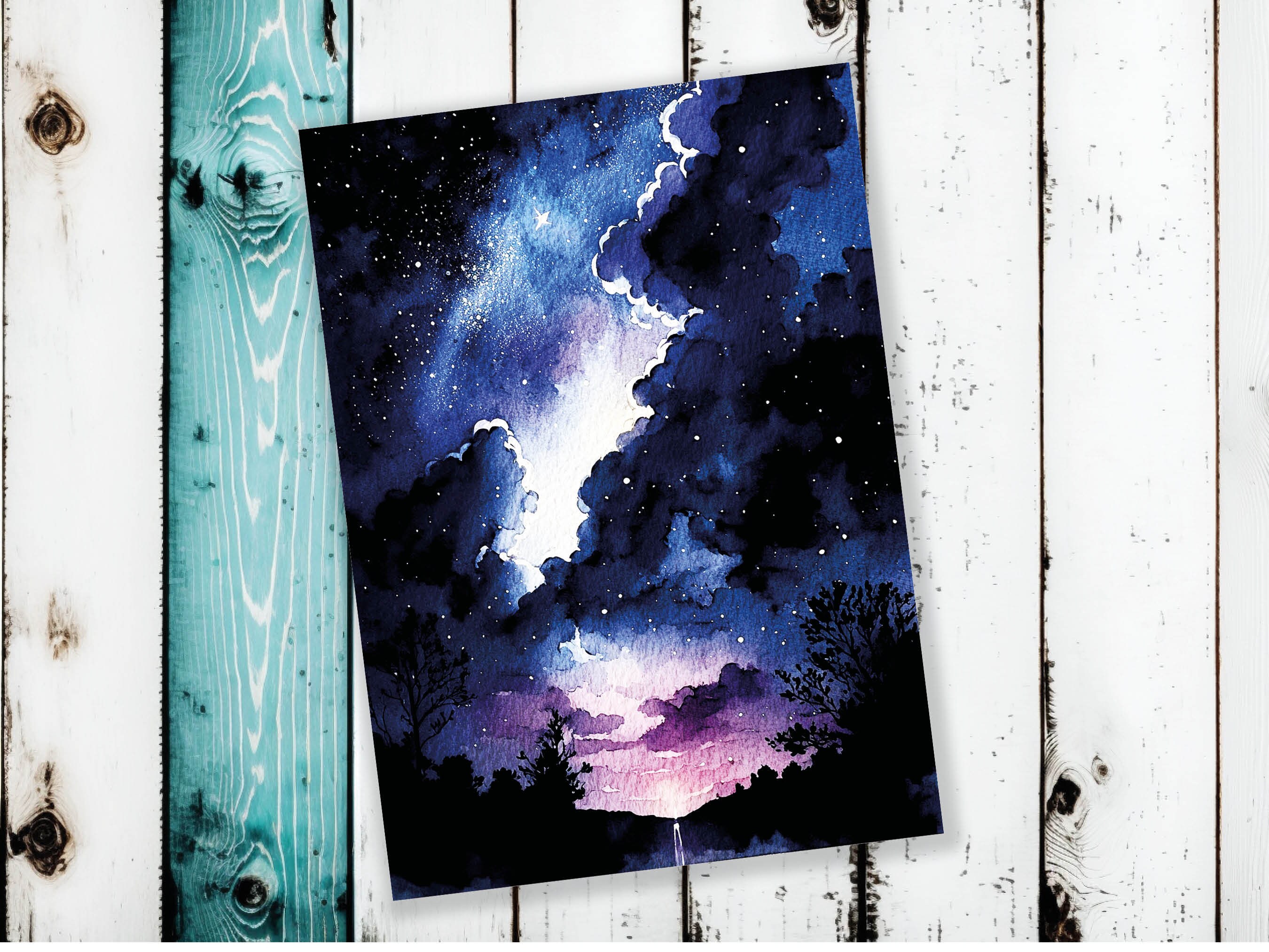 Watercolour Night Sky Card Blue Purple Starry Sunset Galaxy Stars Clouds Sunrise Thanks Space Themed Birthday Cards Notes Notelets Greetings - View 6