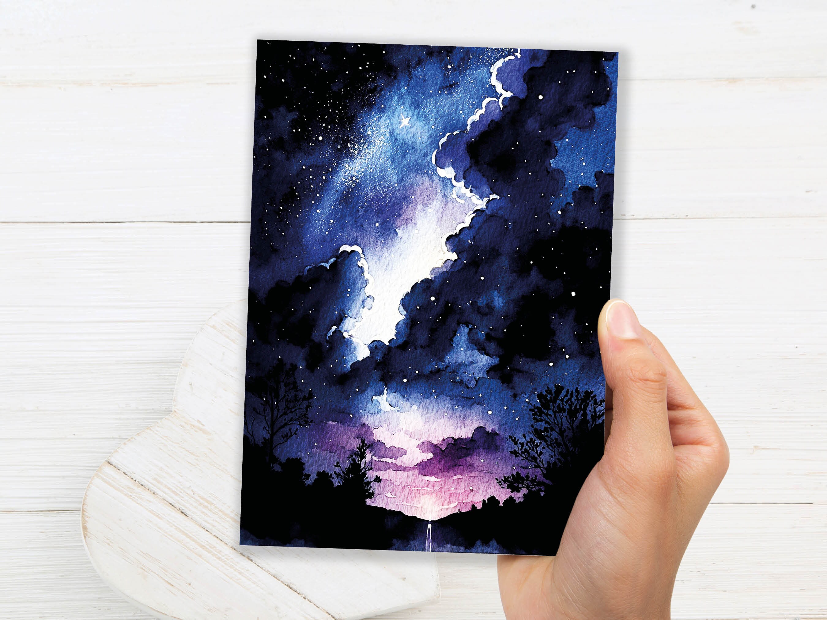 Watercolour Night Sky Card Blue Purple Starry Sunset Galaxy Stars Clouds Sunrise Thanks Space Themed Birthday Cards Notes Notelets Greetings - View 7