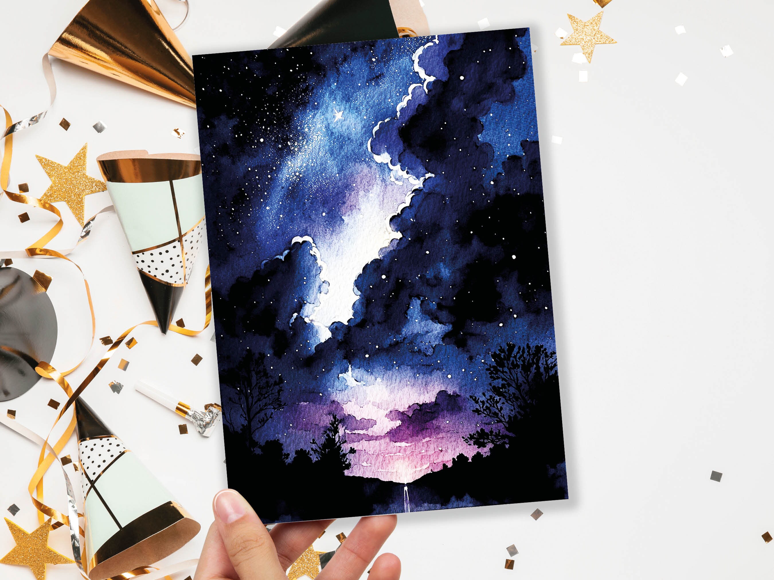 Watercolour Night Sky Card Blue Purple Starry Sunset Galaxy Stars Clouds Sunrise Thanks Space Themed Birthday Cards Notes Notelets Greetings - View 8