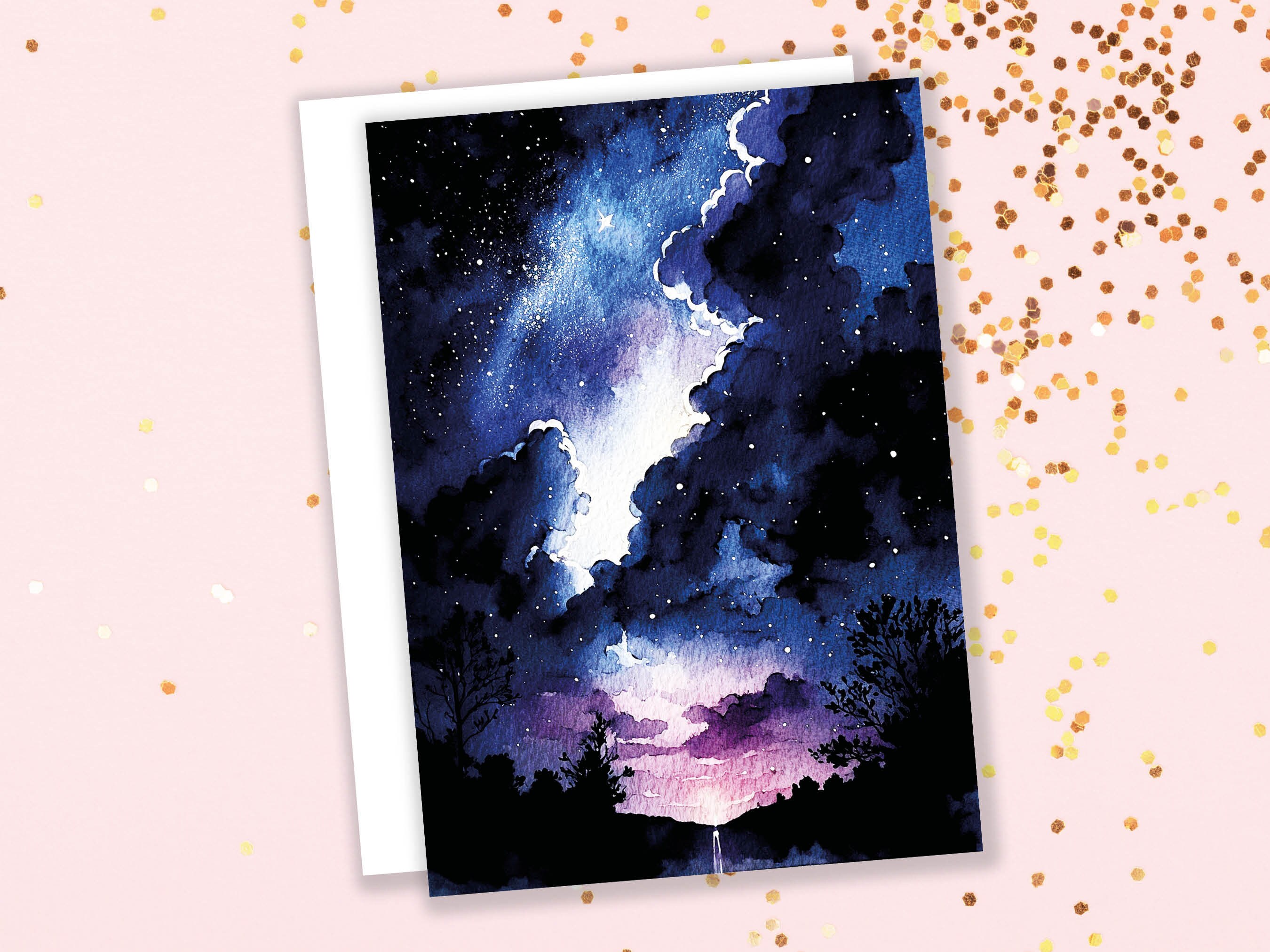 Watercolour Night Sky Card Blue Purple Starry Sunset Galaxy Stars Clouds Sunrise Thanks Space Themed Birthday Cards Notes Notelets Greetings - View 9