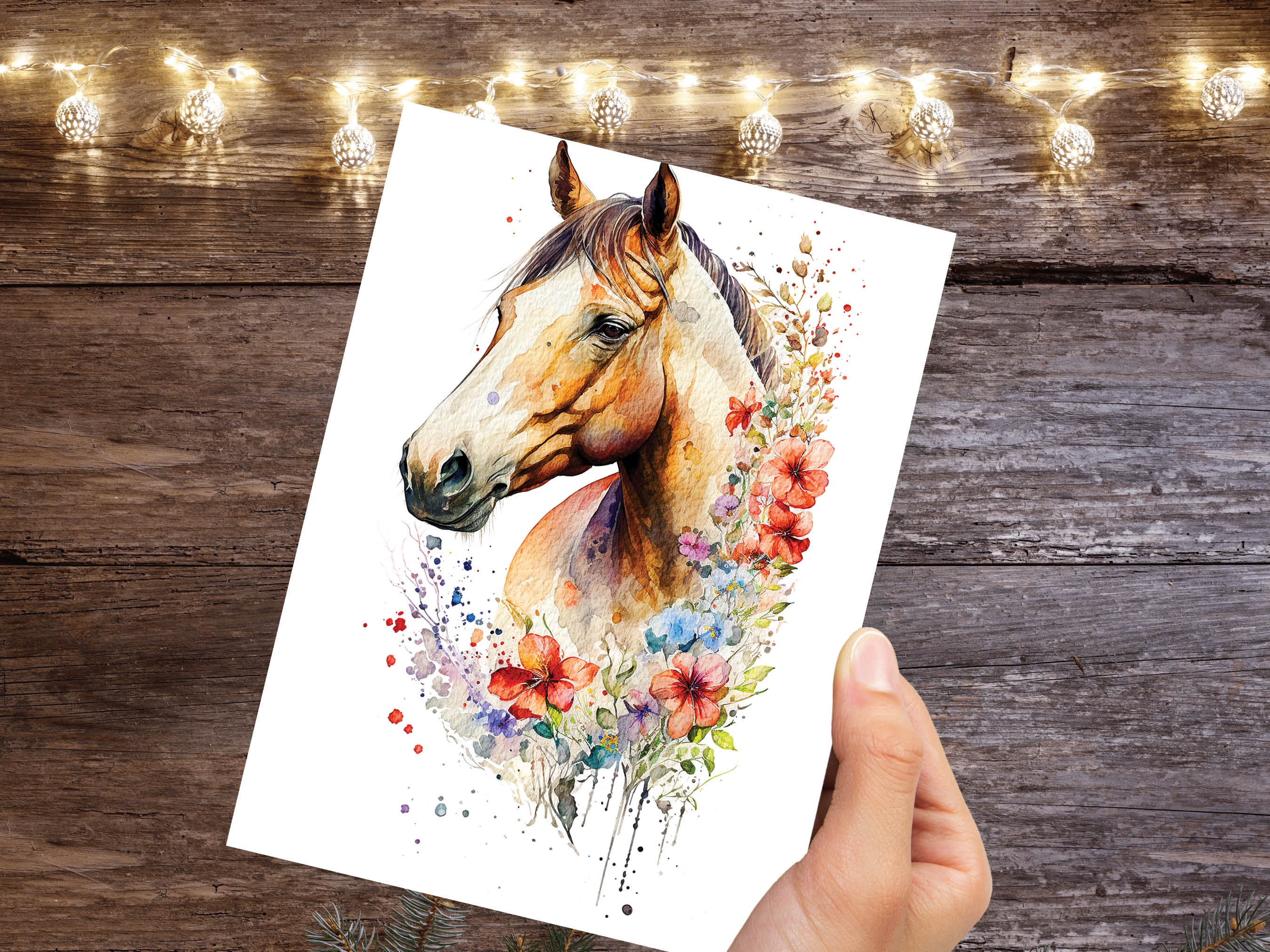 Horse With Flowers Card Watercolour Chestnut Floral Garland Equestrian Themed Brown Pony Horsey Lovers Greeting Cards for Friends & Family