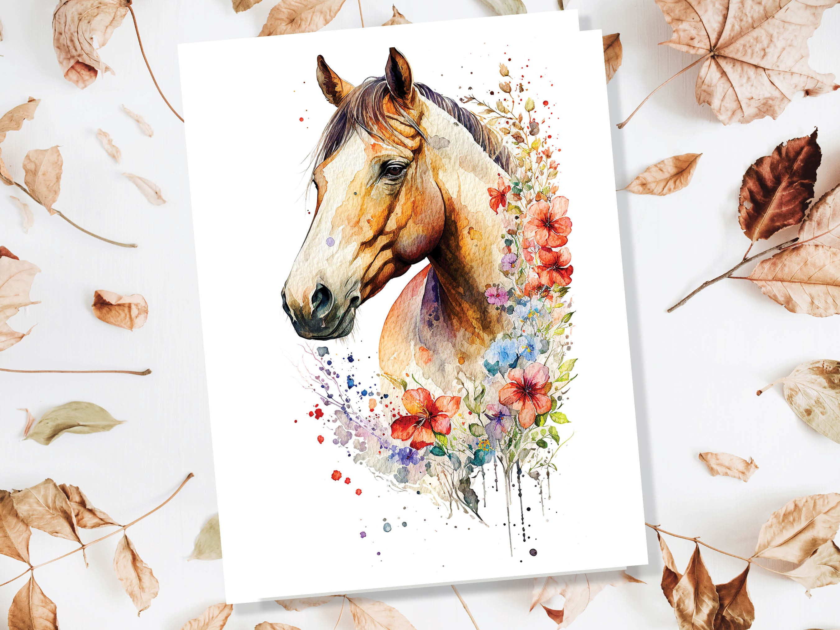 Horse With Flowers Card Watercolour Chestnut Floral Garland Equestrian Themed Brown Pony Horsey Lovers Greeting Cards for Friends & Family - View 2